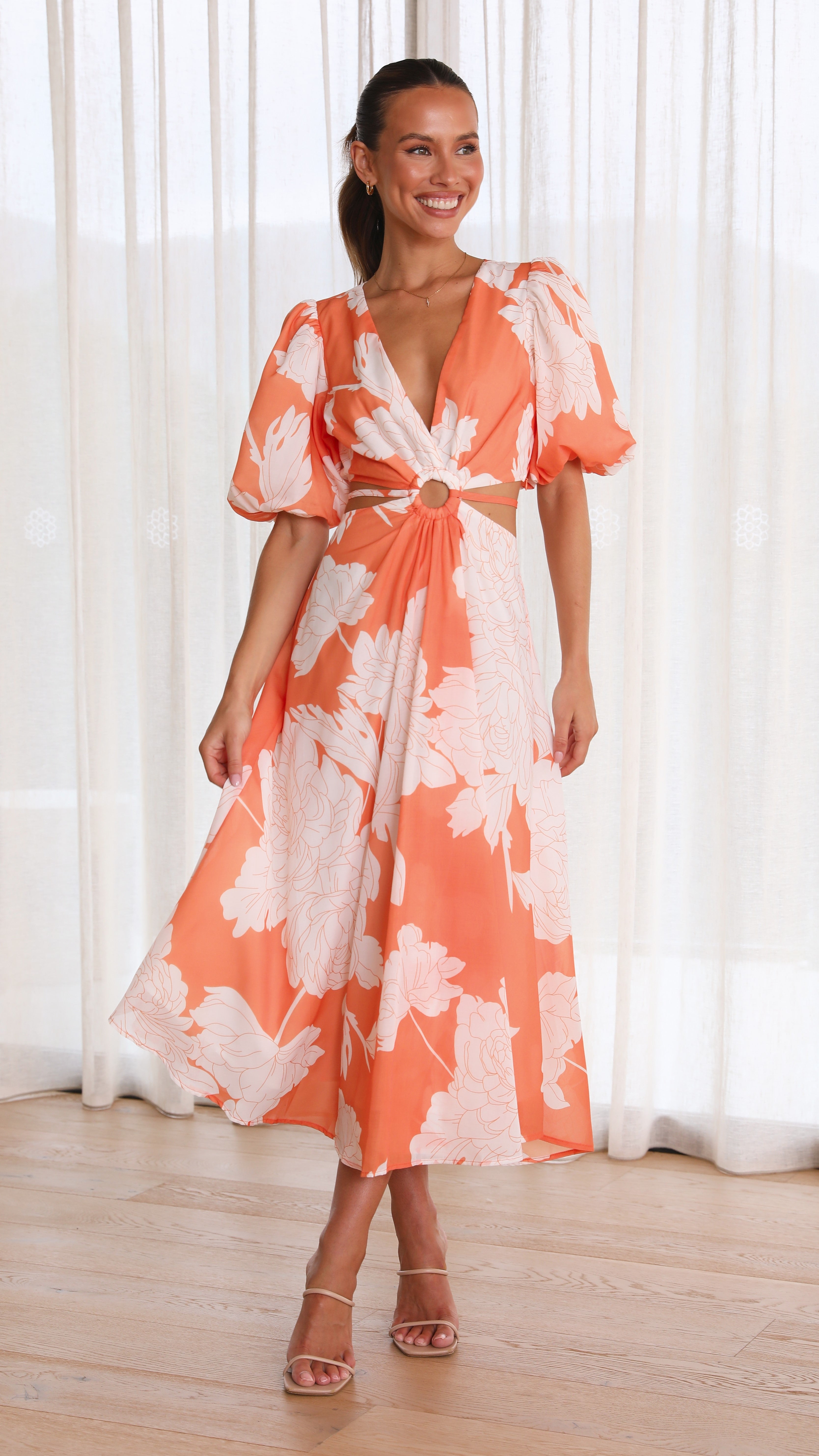 Kikodress - Colette Midi Dress - Orange Floral