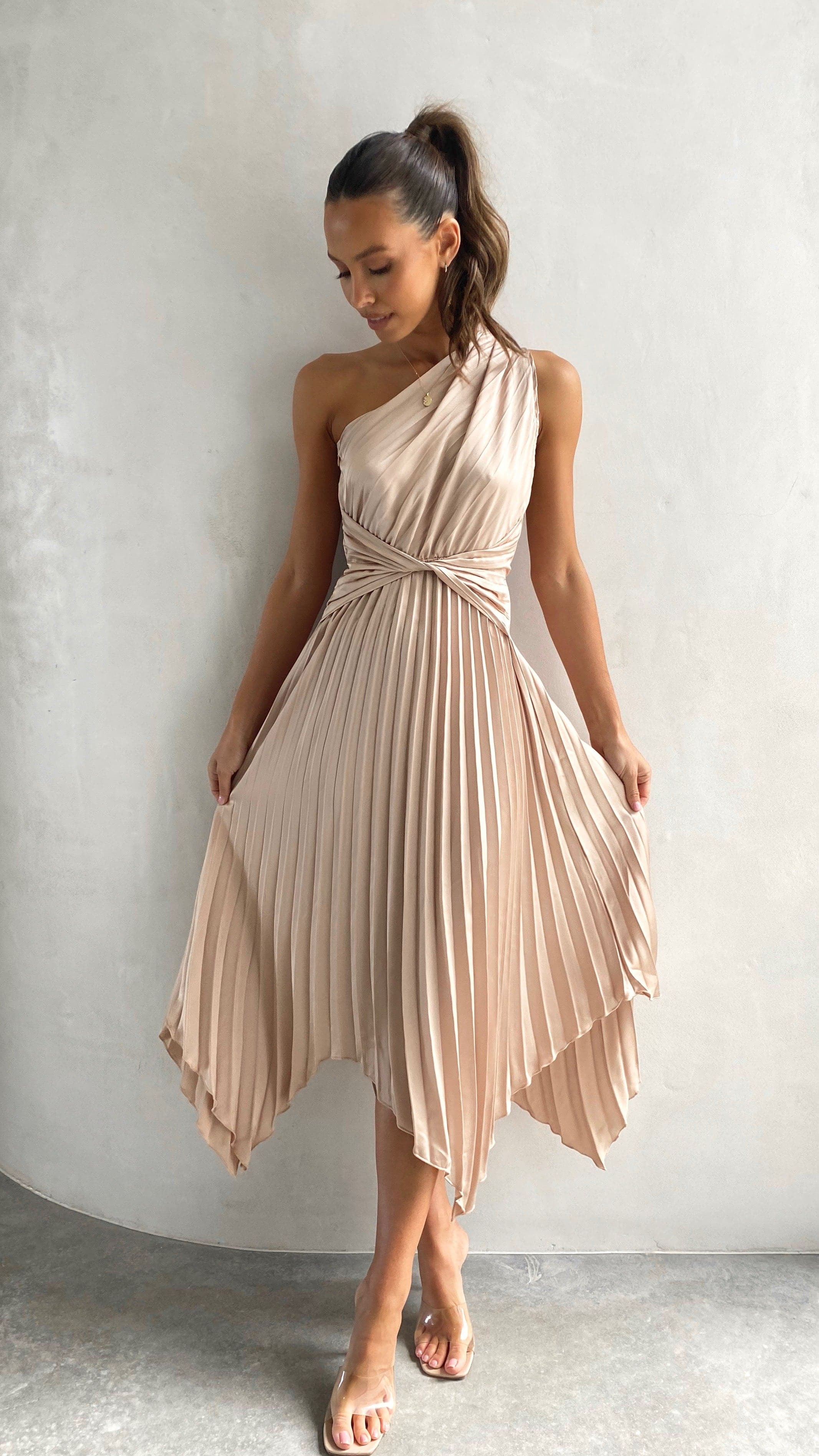 Kikodress - Cali One Shoulder Midi Dress - Champagne
