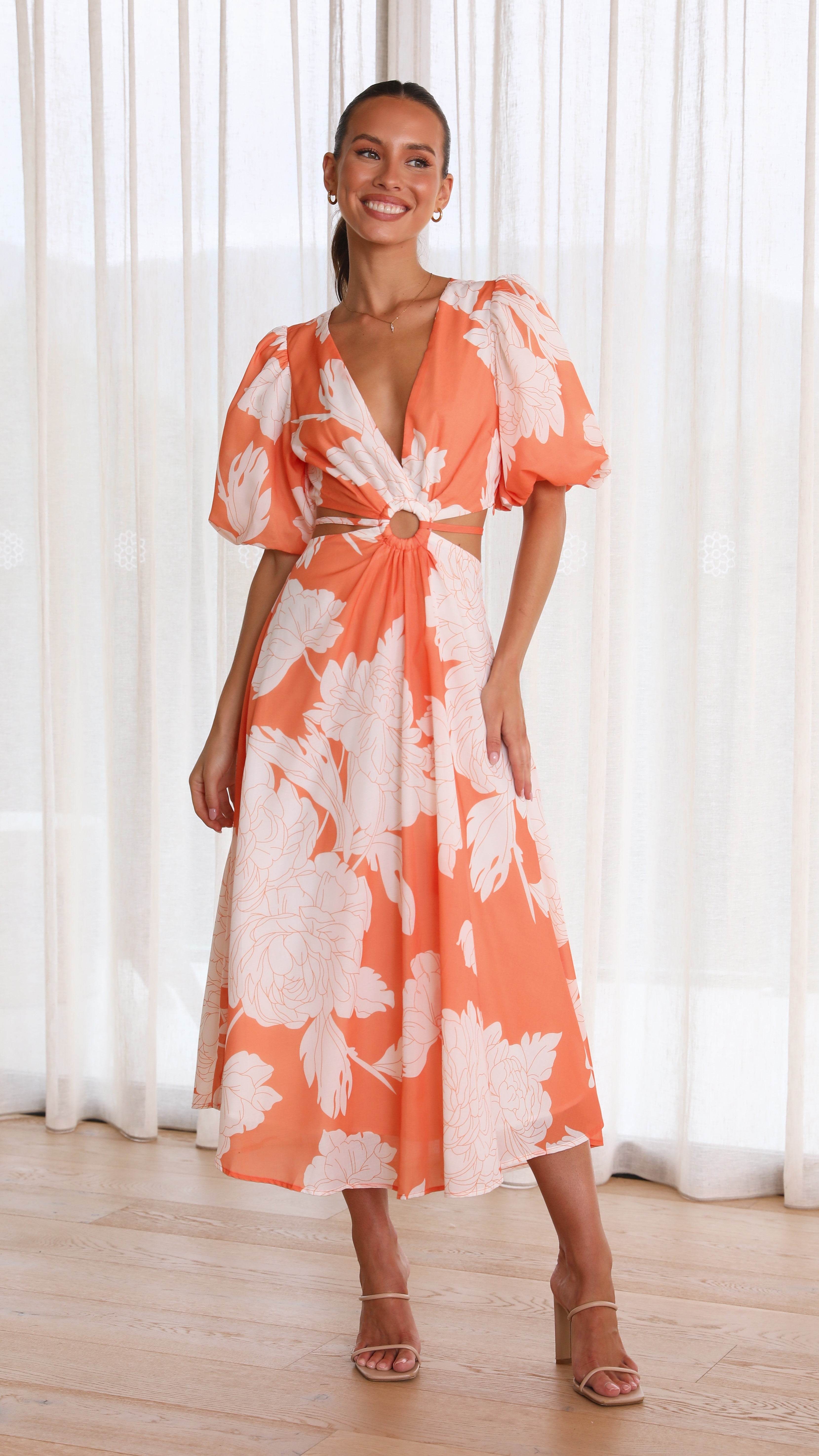Kikodress - Colette Midi Dress - Orange Floral