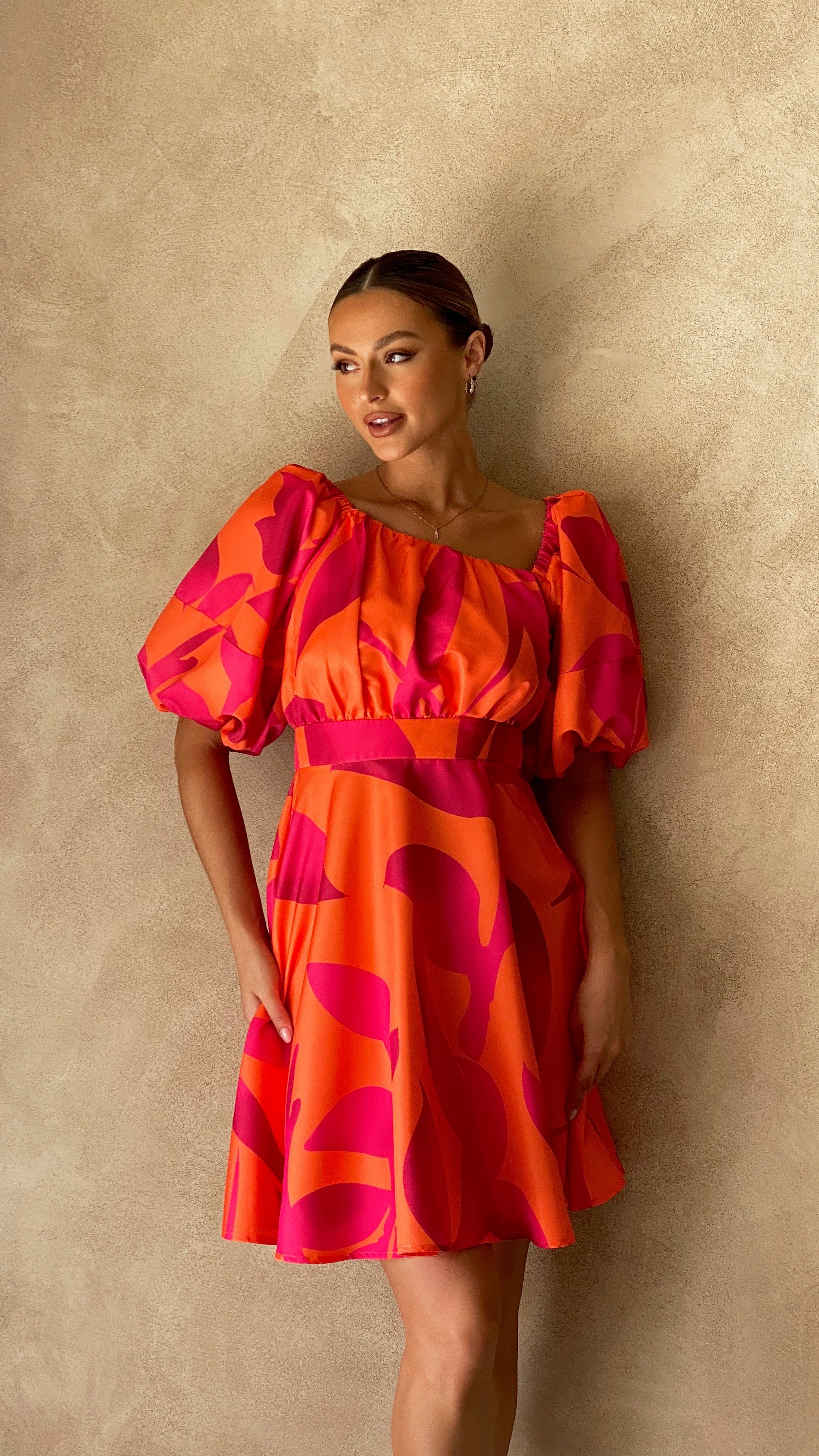 Kikodress - Tamara Mini Dress - Orange/Hot Pink Floral