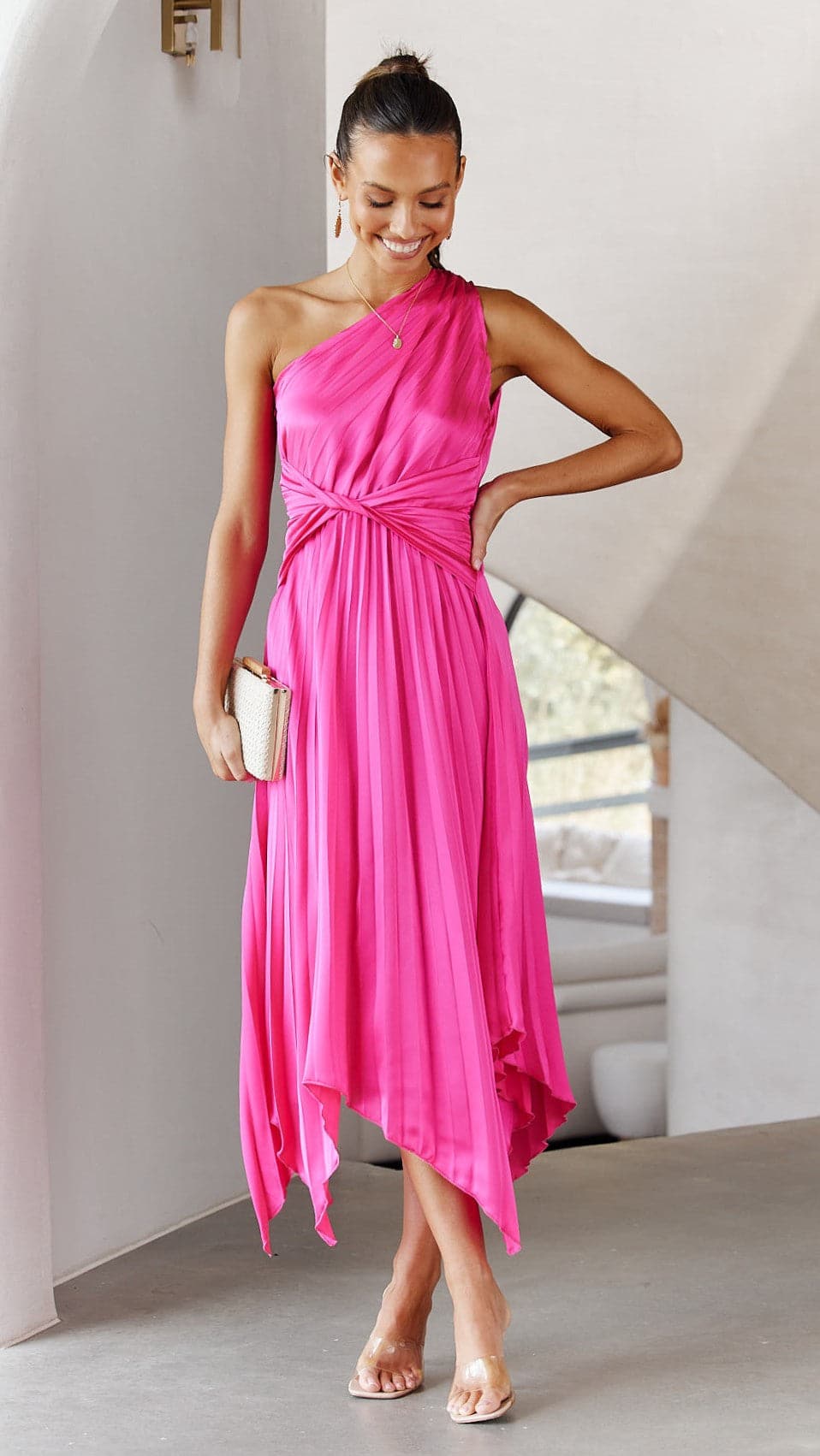 Kikodress - Cali One Shoulder Midi Dress - Pink
