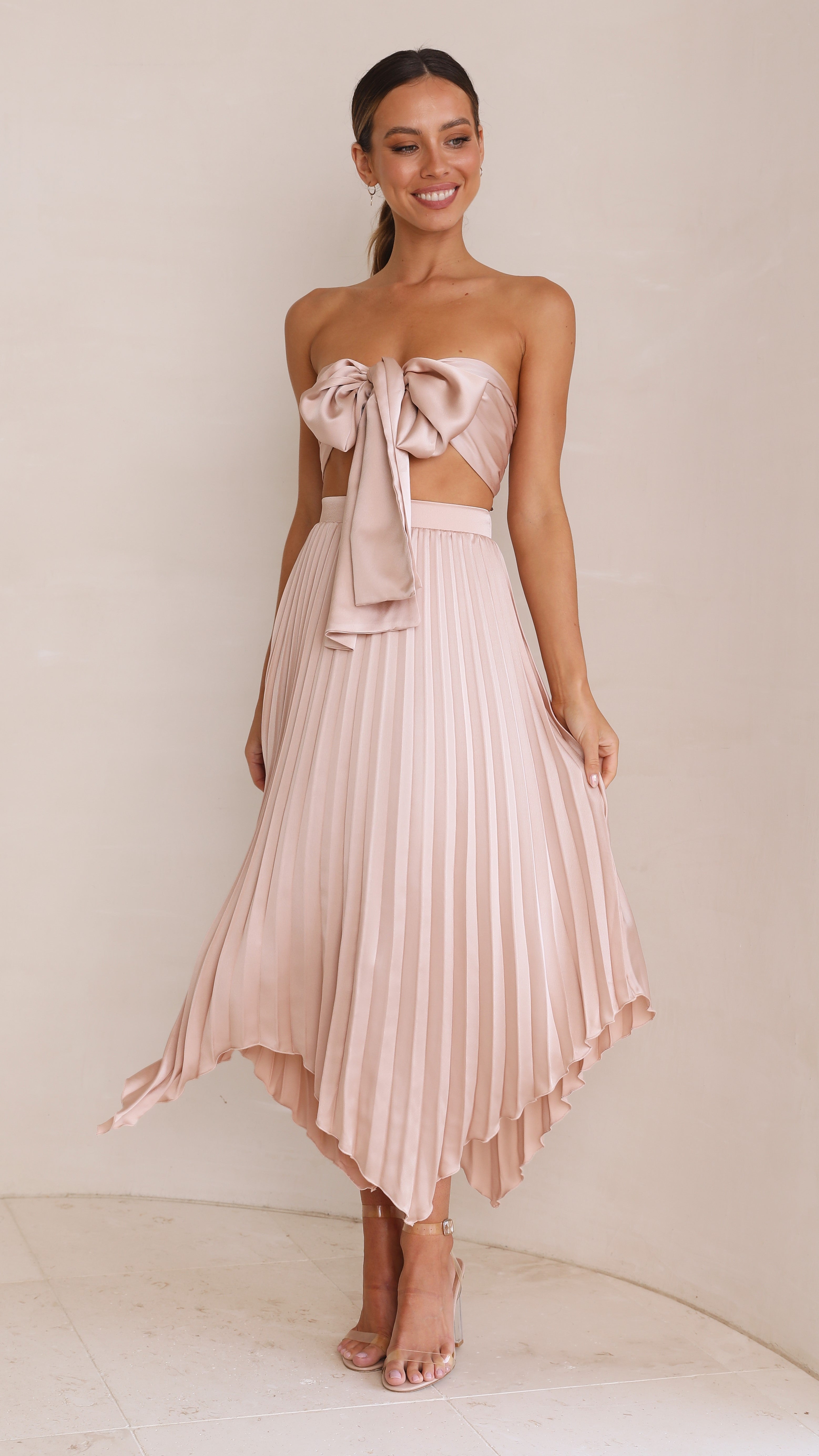Kikodress - Tilley Pleated Top and Skirt Set - Champagne