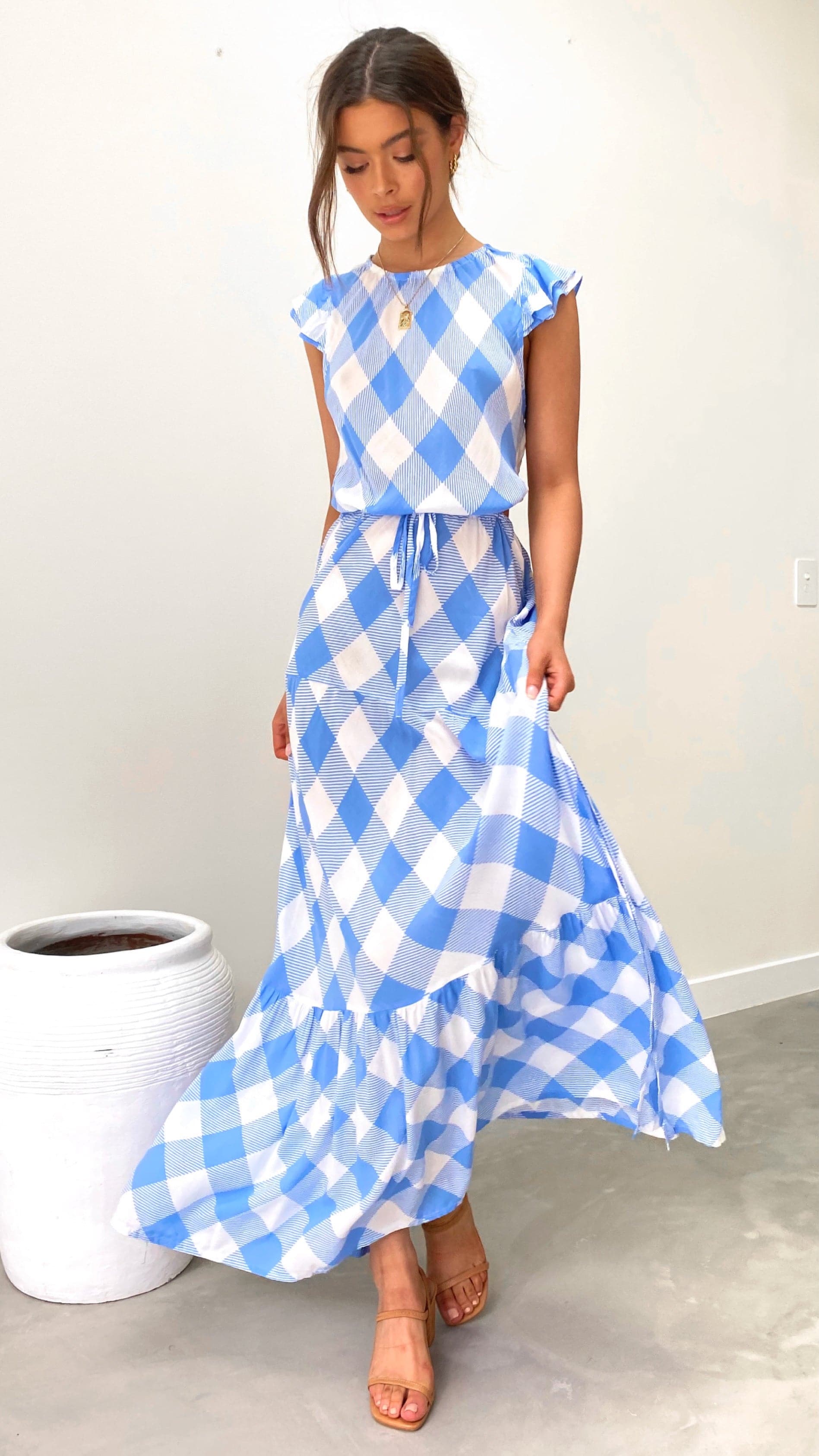Kikodress - Clover Flutter Maxi Dress - Azure Blue Check