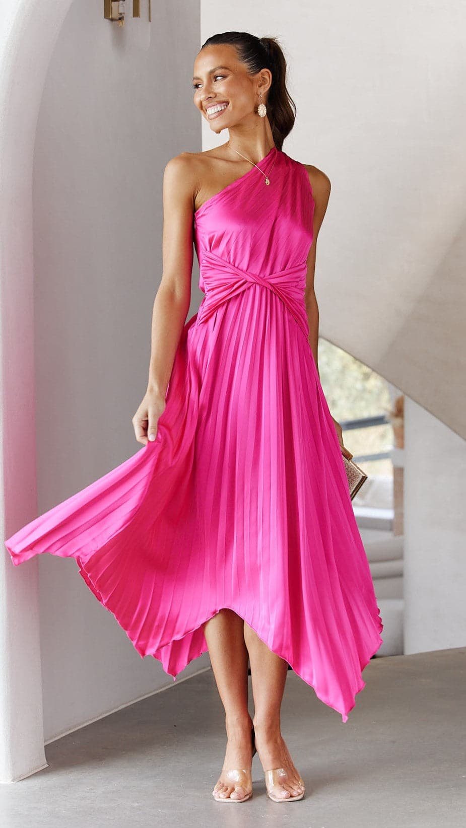 Kikodress - Cali One Shoulder Midi Dress - Pink
