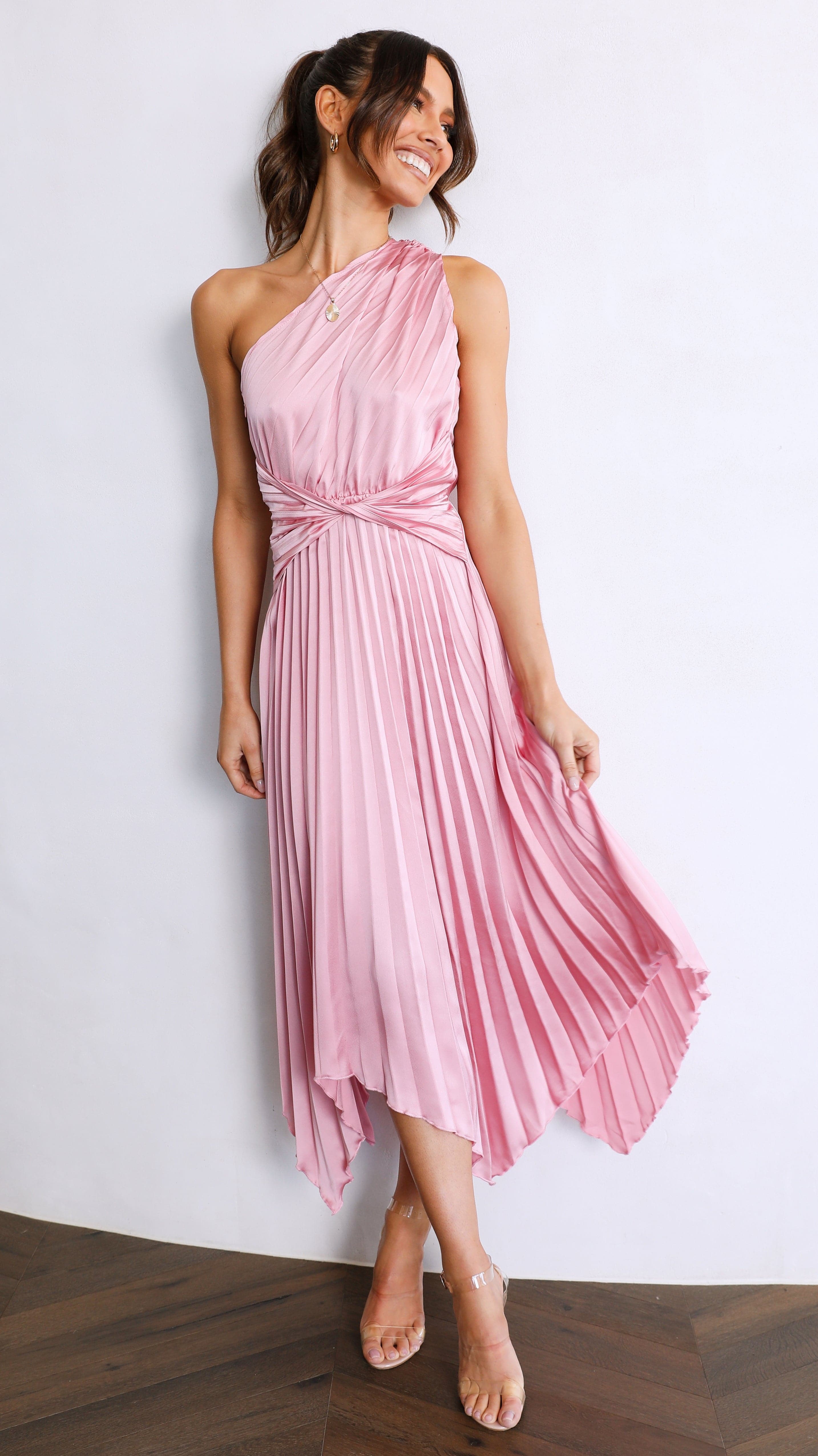 Kikodress - Cali One Shoulder Midi Dress - Pale Pink