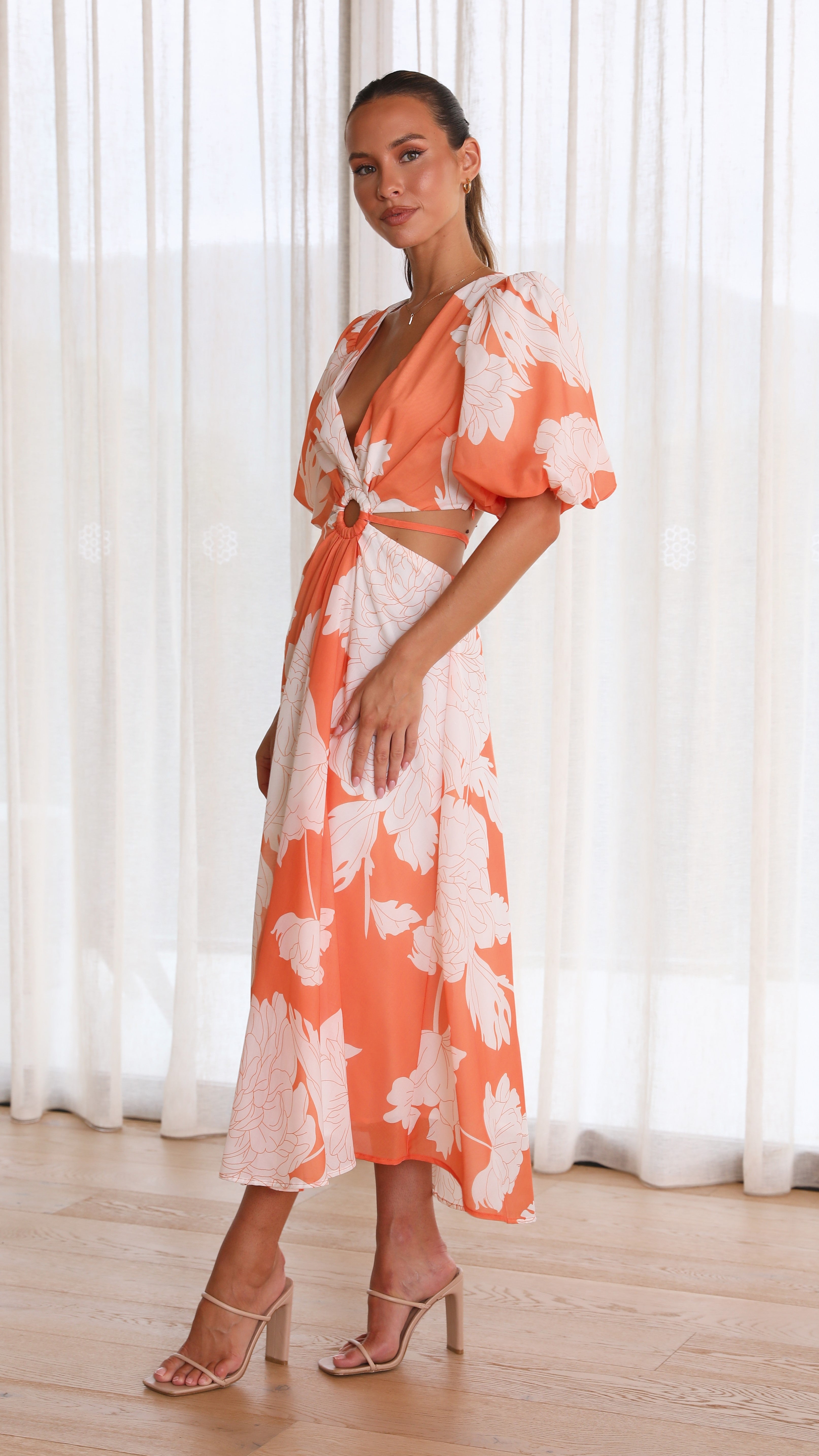 Kikodress - Colette Midi Dress - Orange Floral