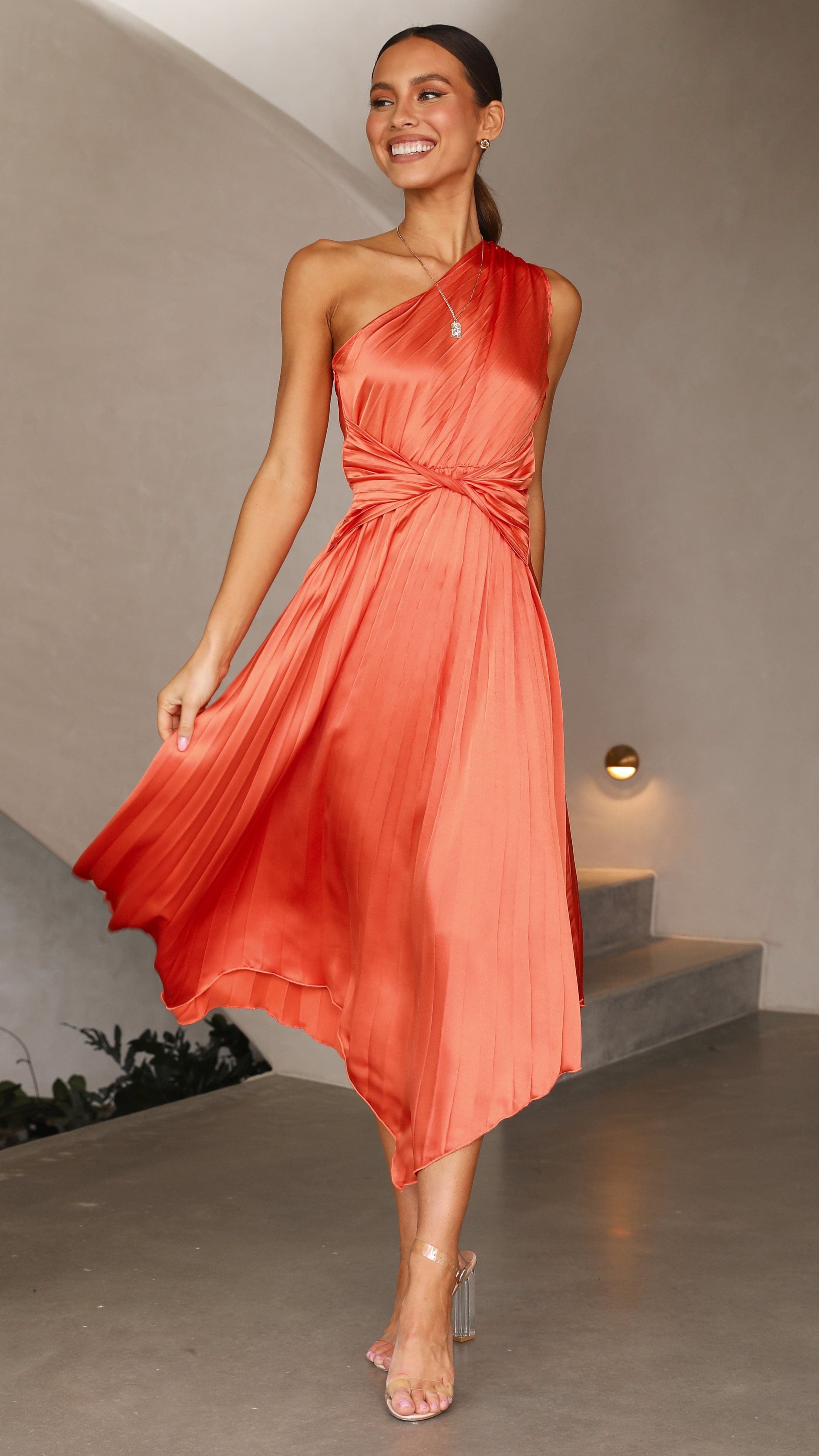 Kikodress - Cali One Shoulder Midi Dress - Melon