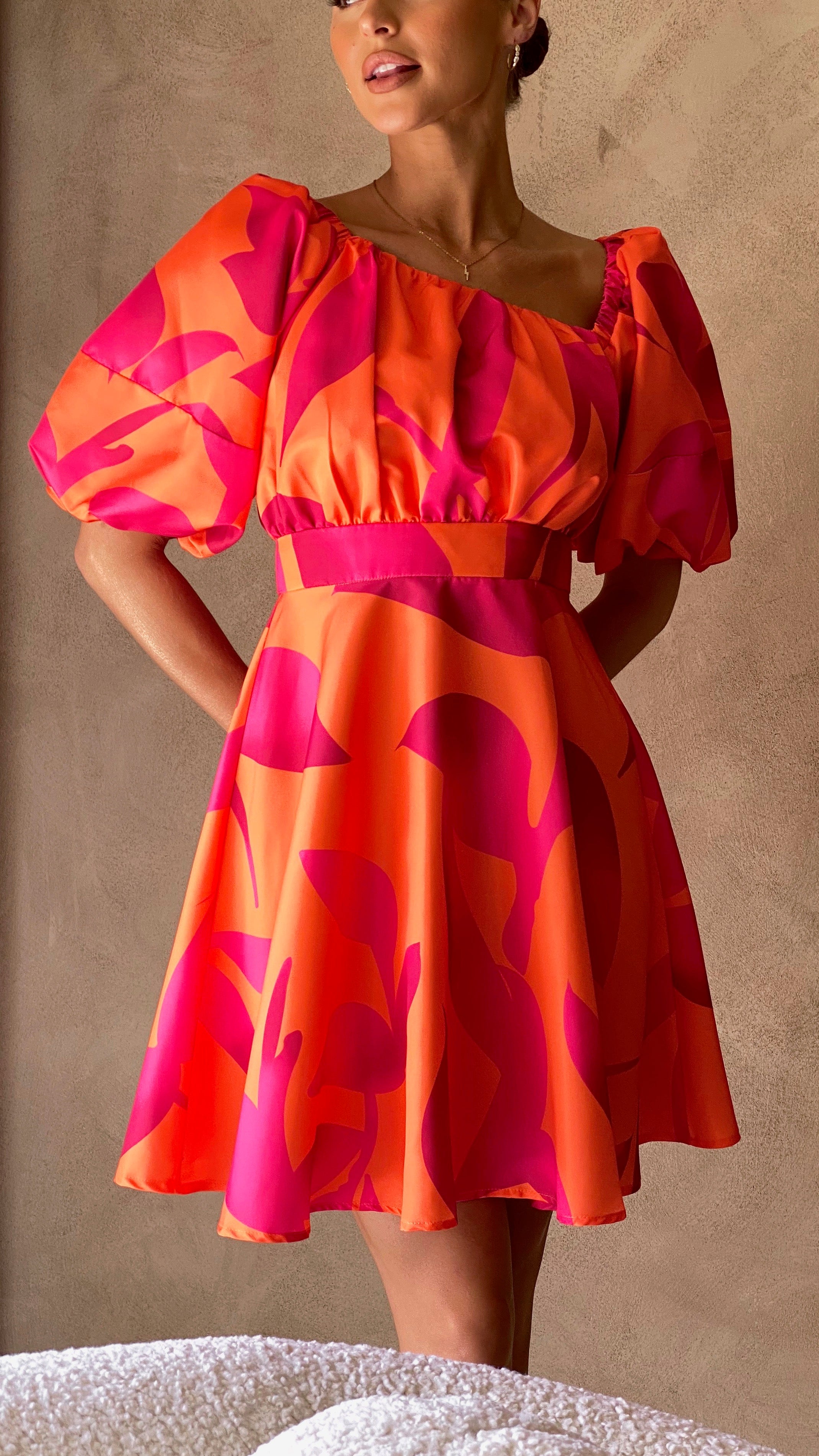 Kikodress - Tamara Mini Dress - Orange/Hot Pink Floral