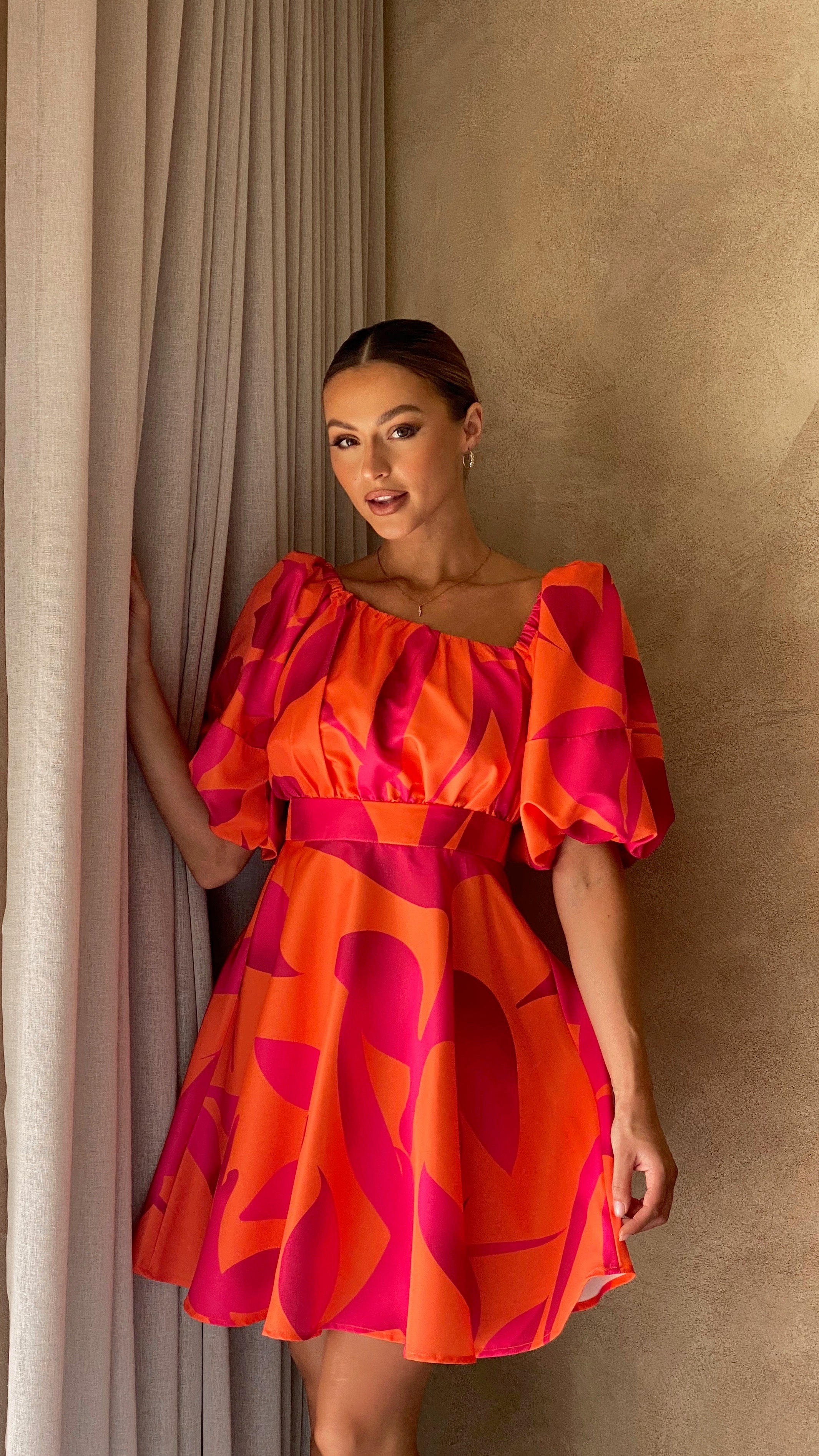 Kikodress - Tamara Mini Dress - Orange/Hot Pink Floral