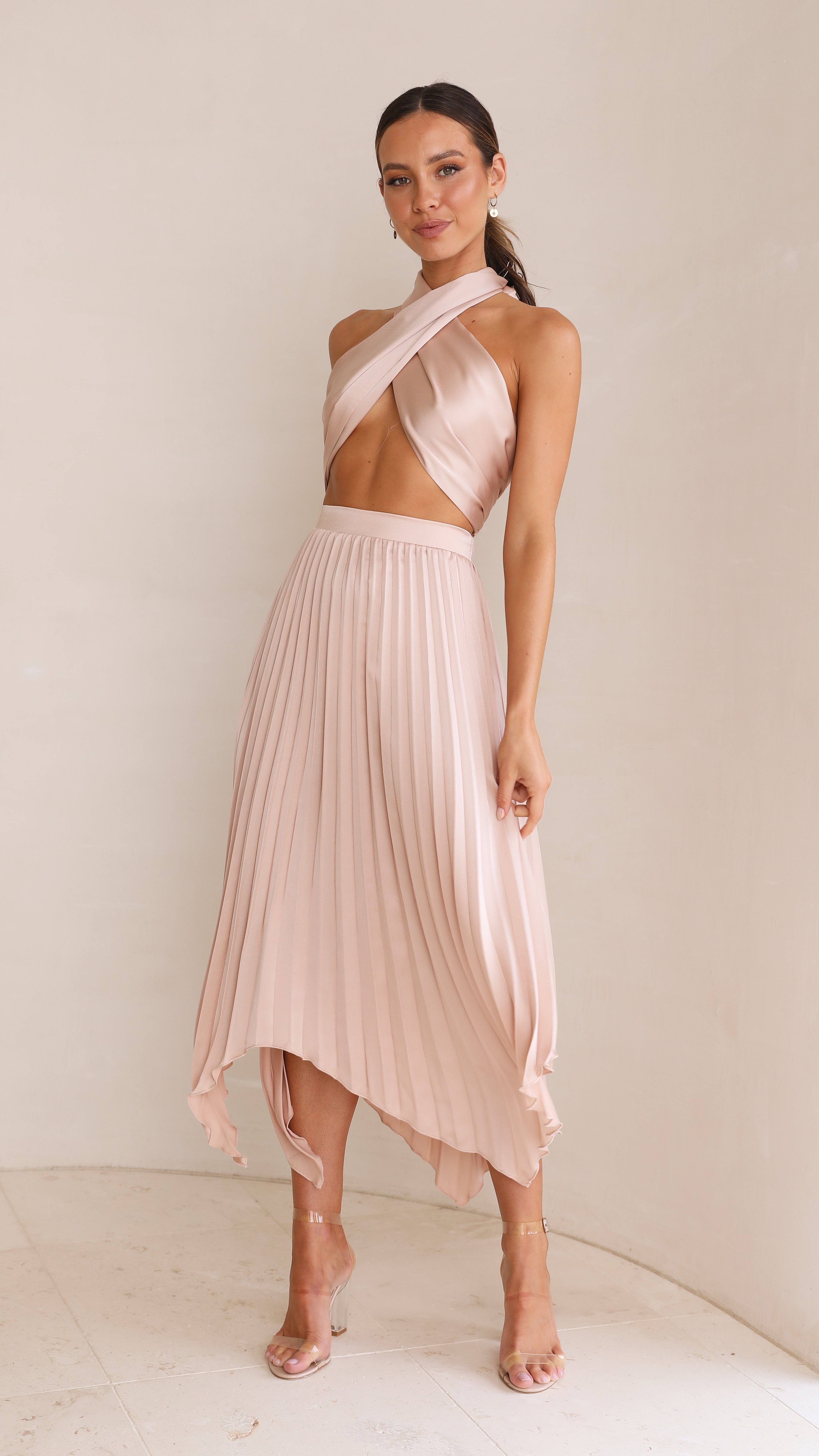 Kikodress - Tilley Pleated Top and Skirt Set - Champagne