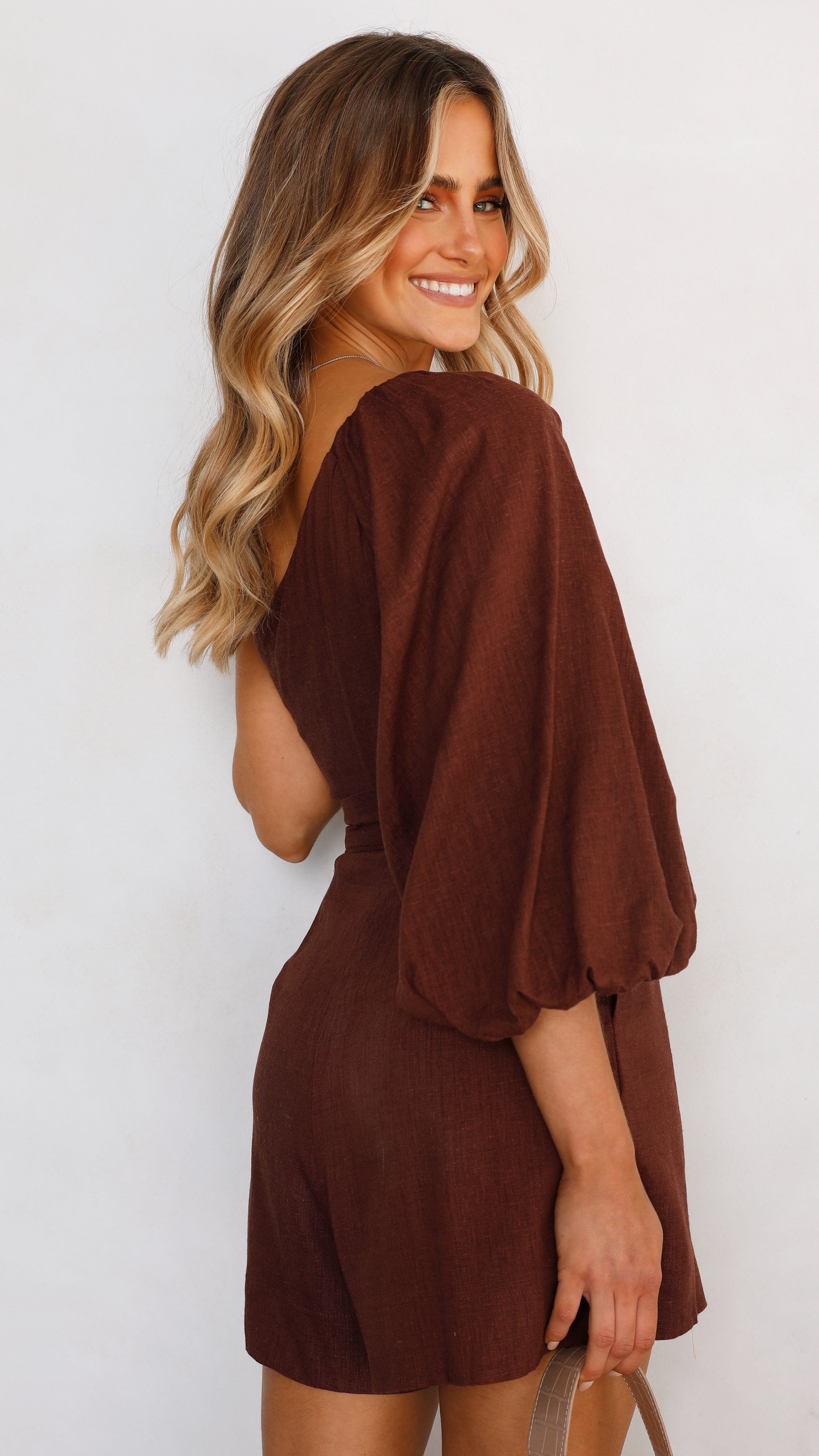 Kikodress - Abrielle One Shoulder Playsuit - Brown