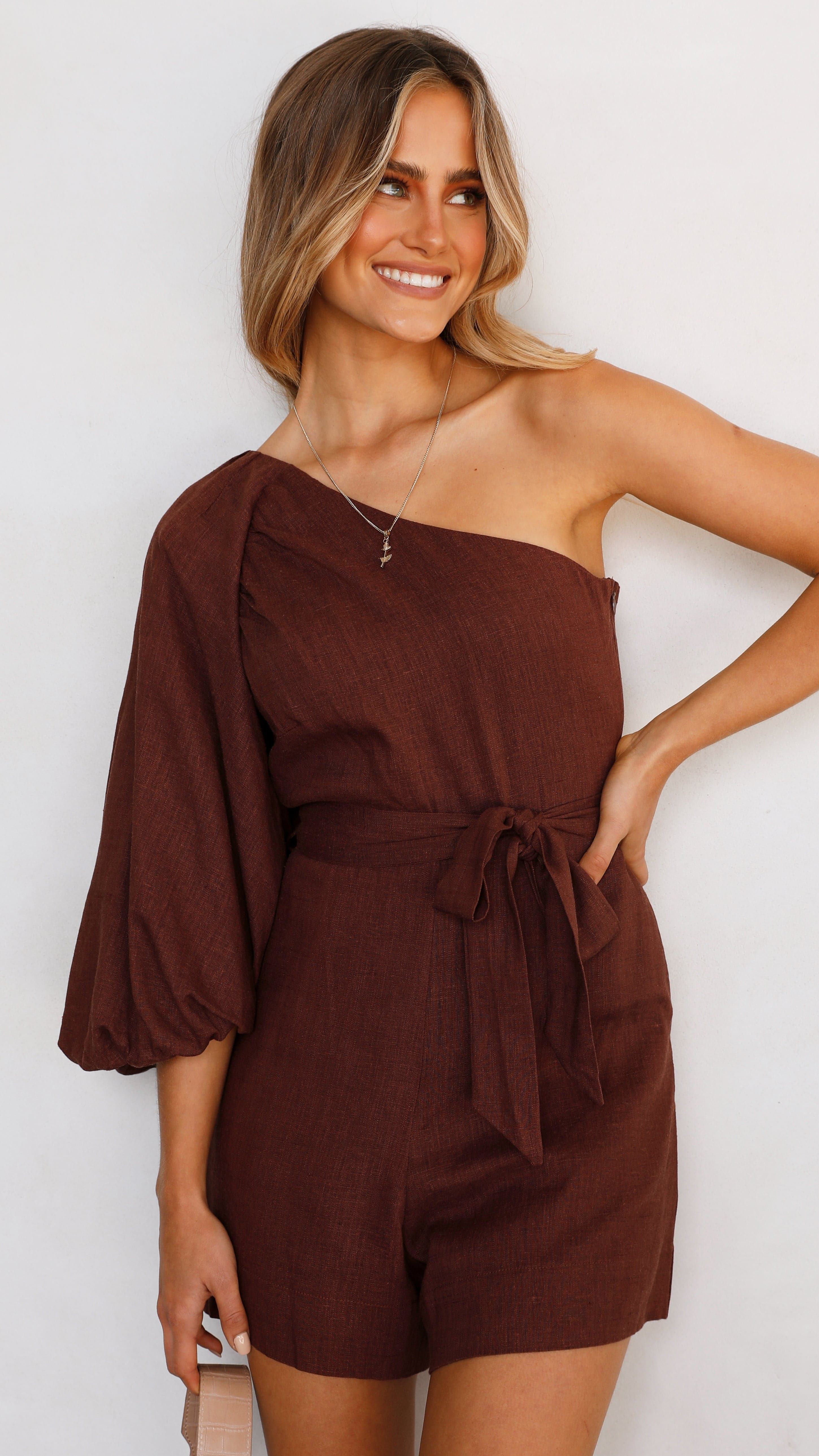 Kikodress - Abrielle One Shoulder Playsuit - Brown