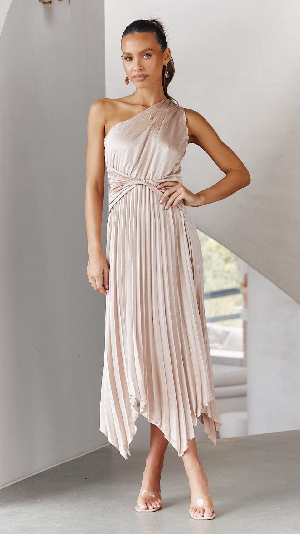 Kikodress - Cali One Shoulder Midi Dress - Champagne