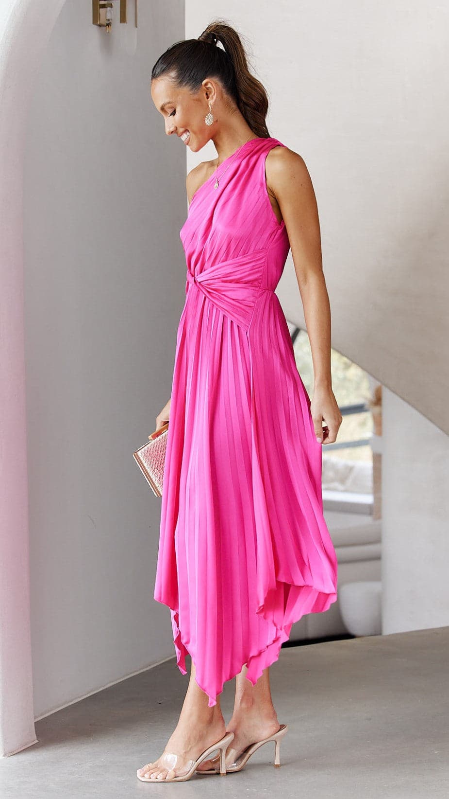 Kikodress - Cali One Shoulder Midi Dress - Pink