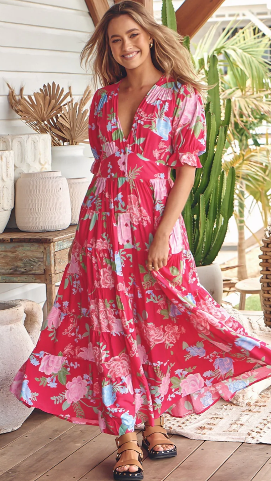 Kikodress - Annabel Maxi Dress - Cerise Print
