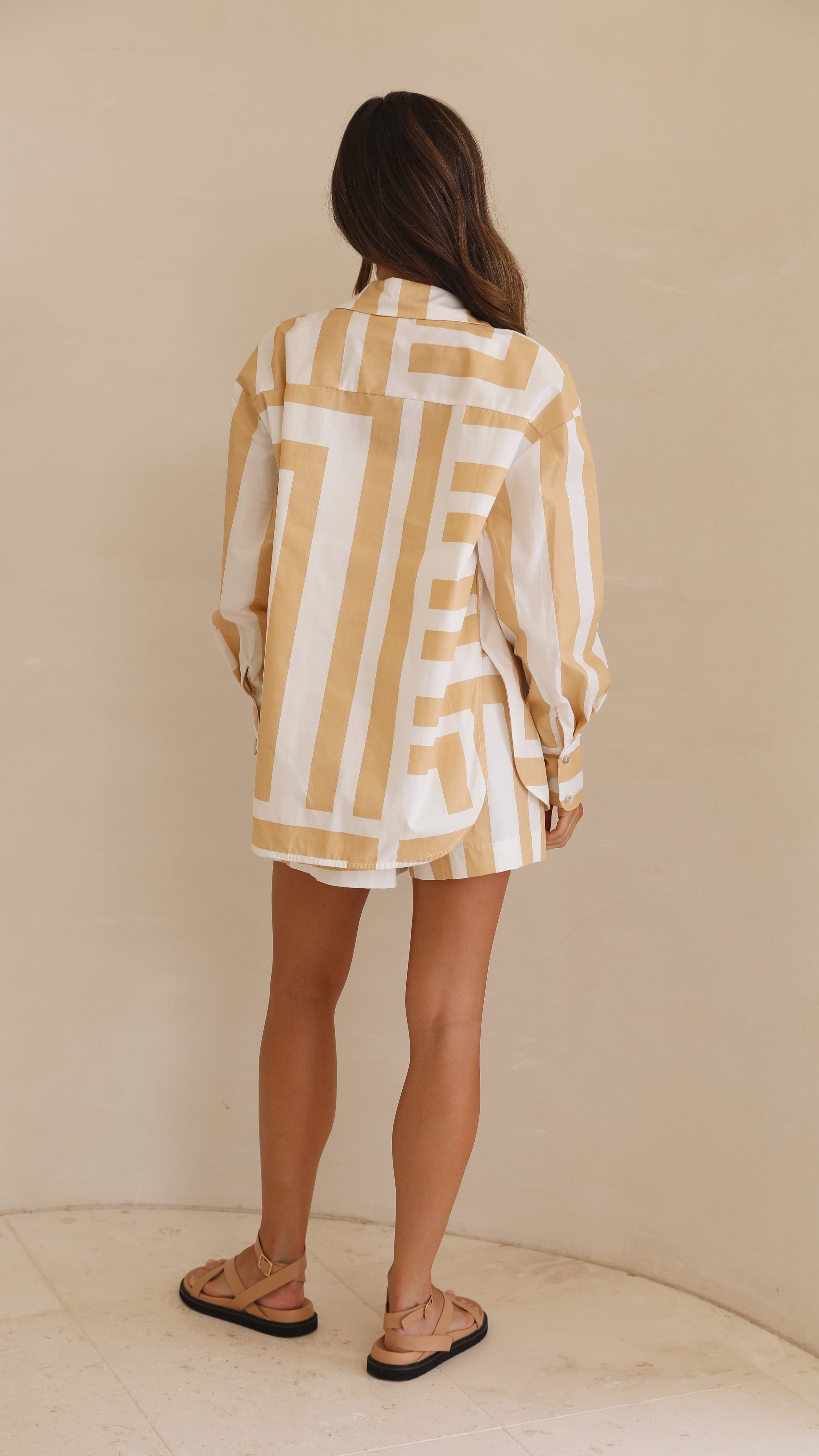 Kikodress - Ezra Shirt and Short Set - Beige/White Stripe