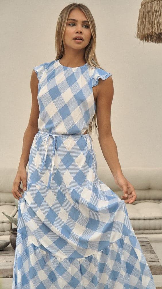 Kikodress - Clover Flutter Maxi Dress - Azure Blue Check