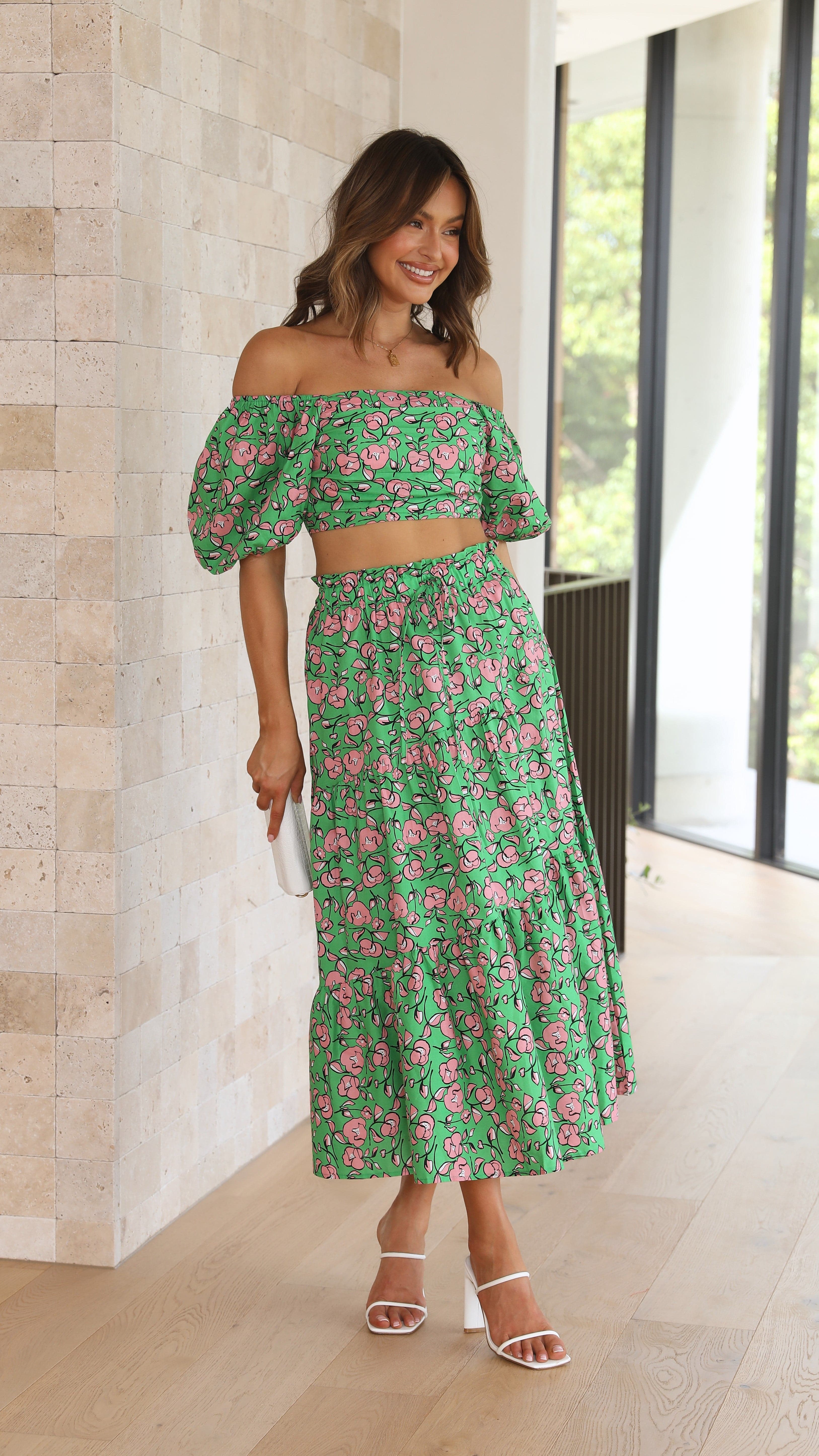 Kikodress - Koda Top and Maxi Skirt Set - Green Floral
