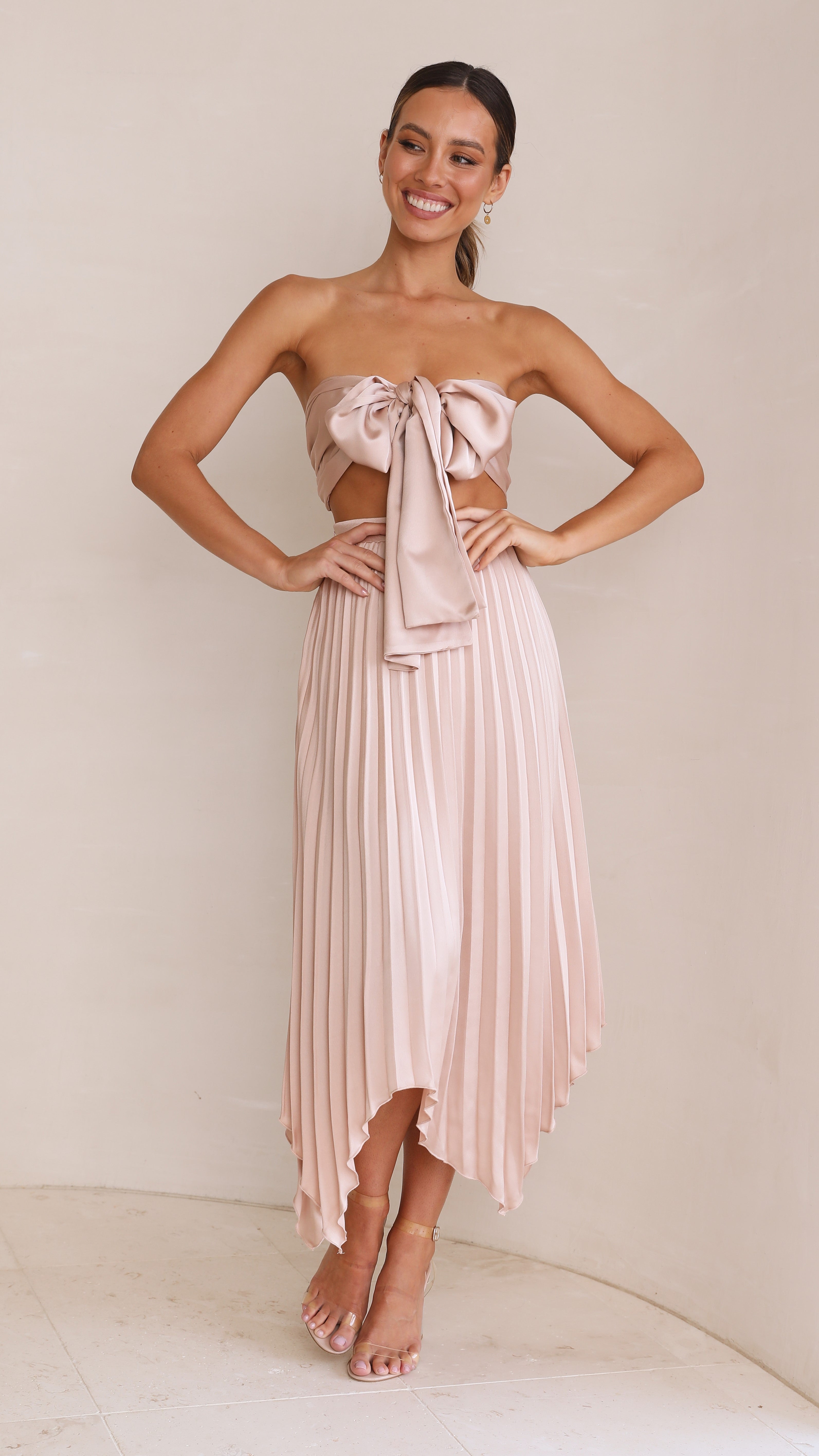 Kikodress - Tilley Pleated Top and Skirt Set - Champagne