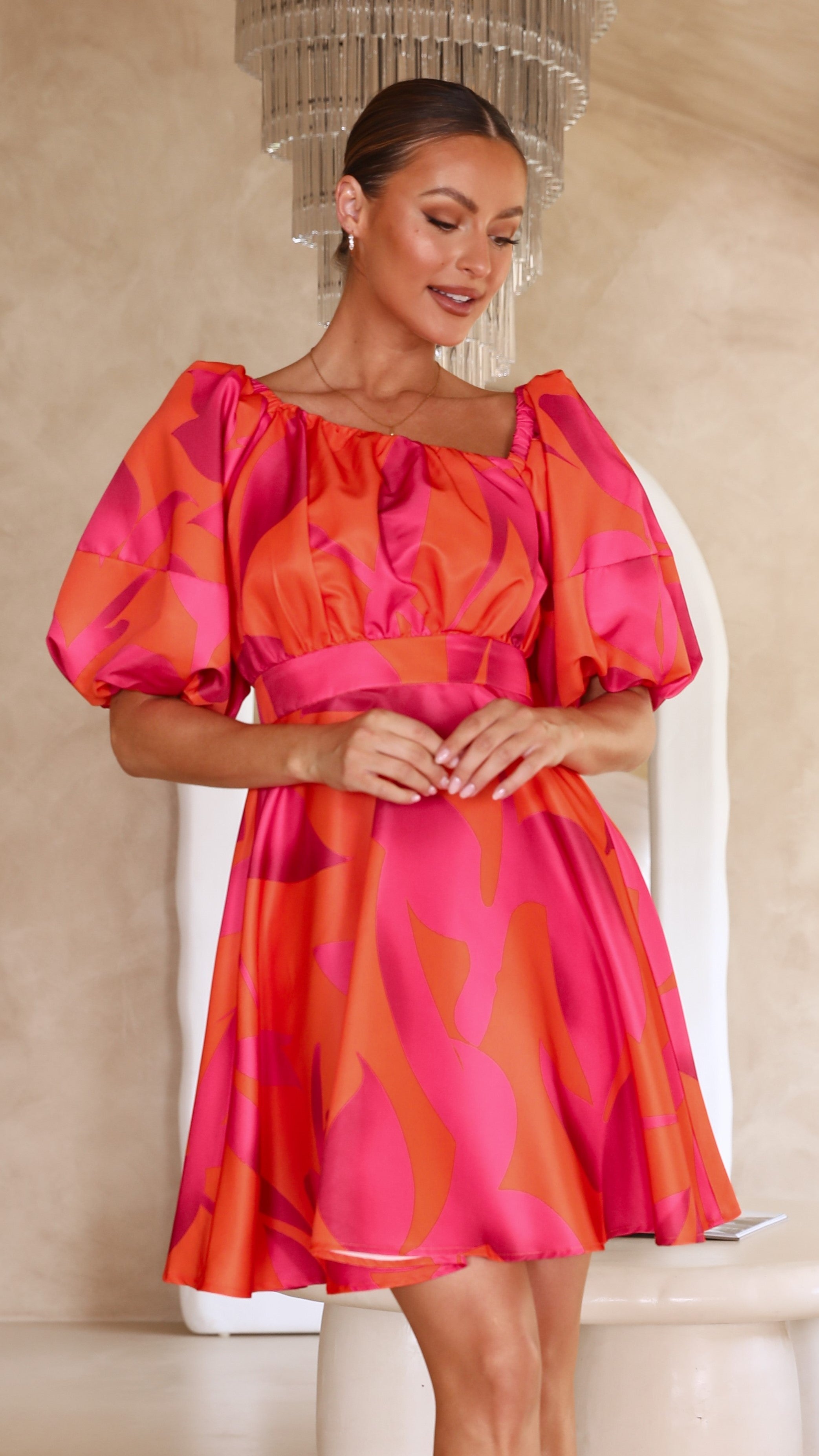 Kikodress - Tamara Mini Dress - Orange/Hot Pink Floral