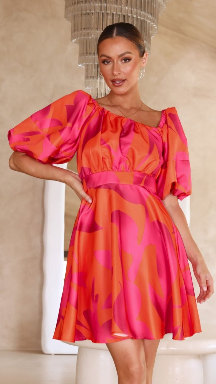 Kikodress - Tamara Mini Dress - Orange/Hot Pink Floral