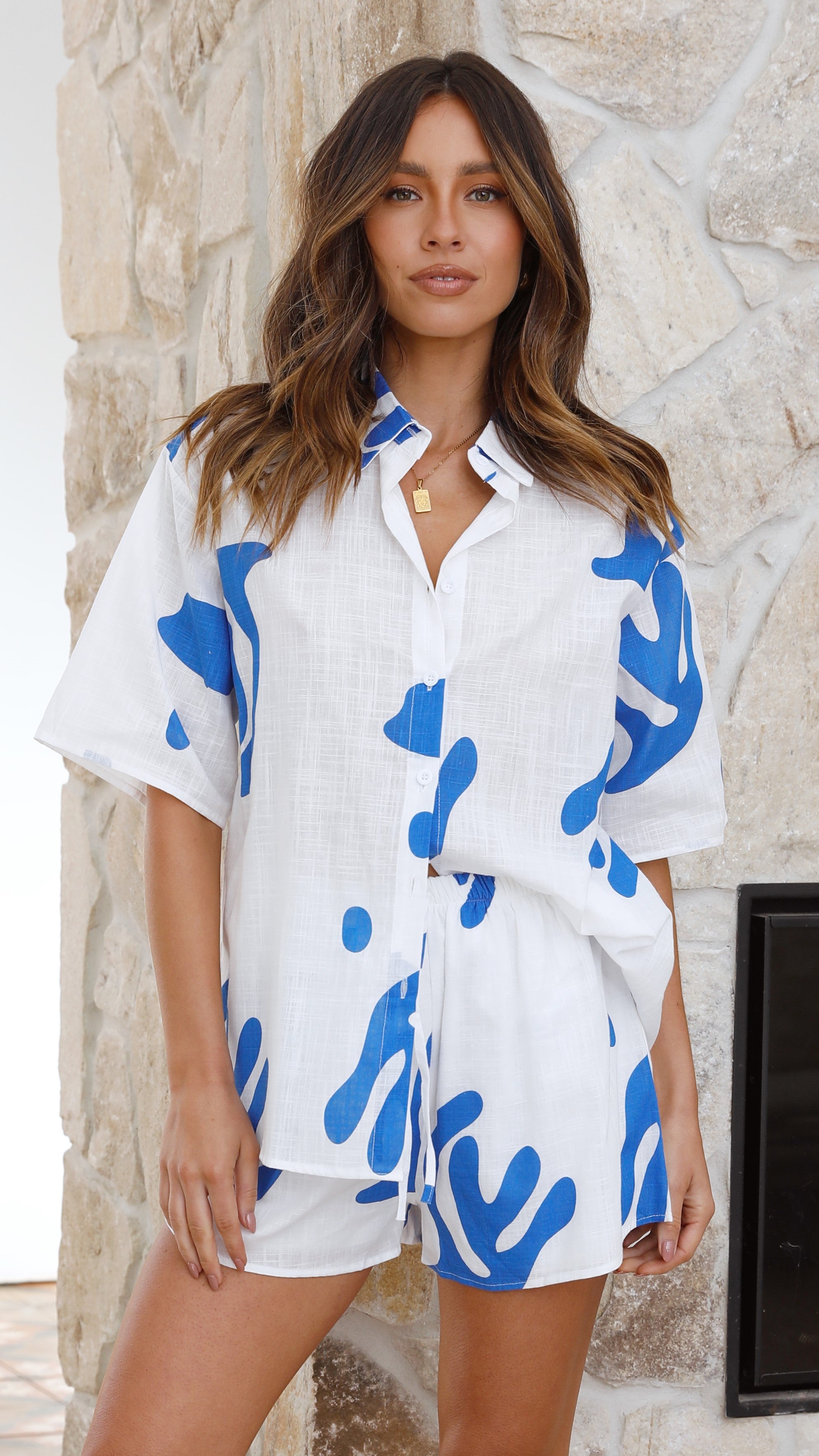 Kikodress - Hazel Button Up Shirt and Shorts Set - Blue