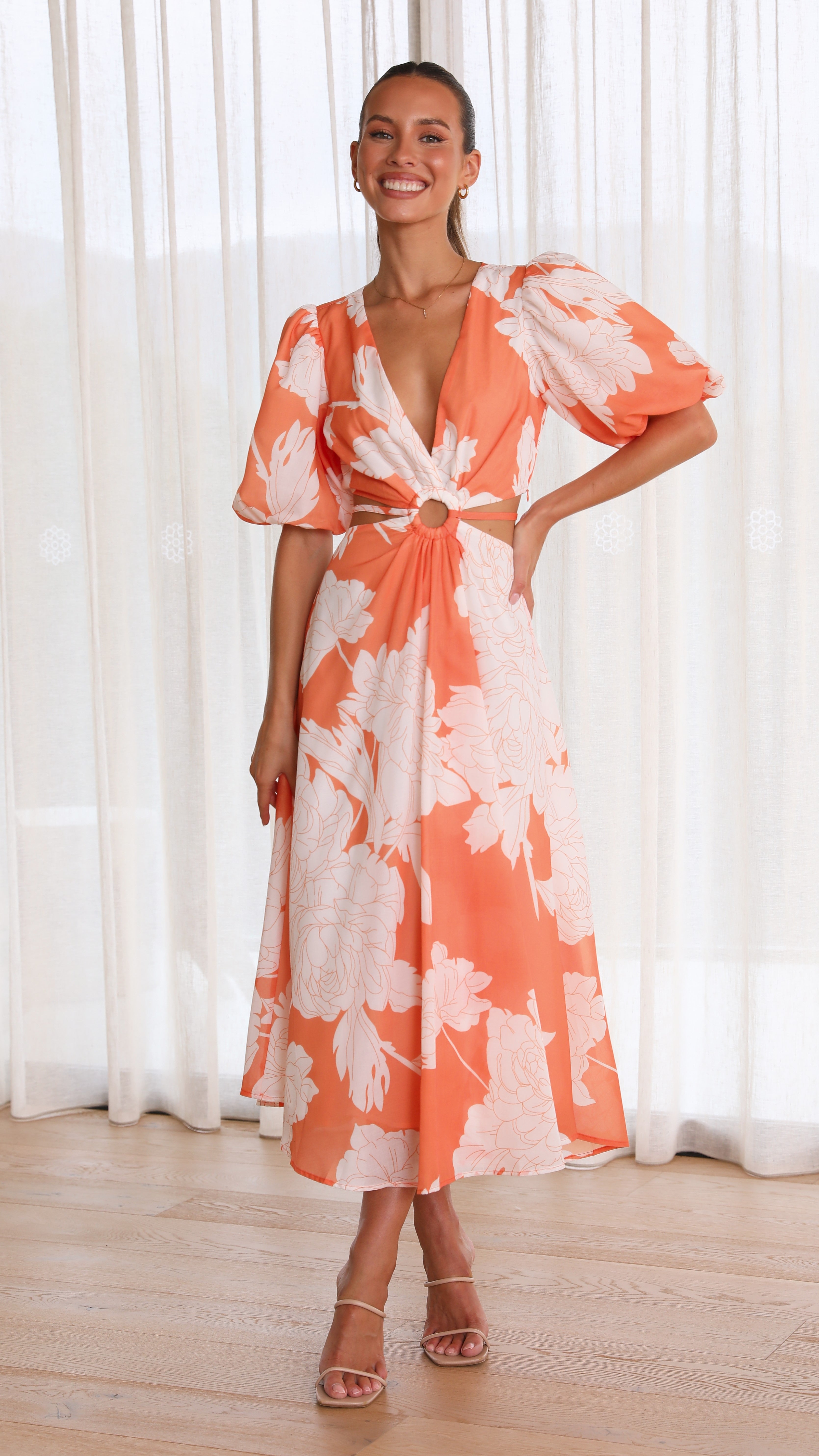 Kikodress - Colette Midi Dress - Orange Floral