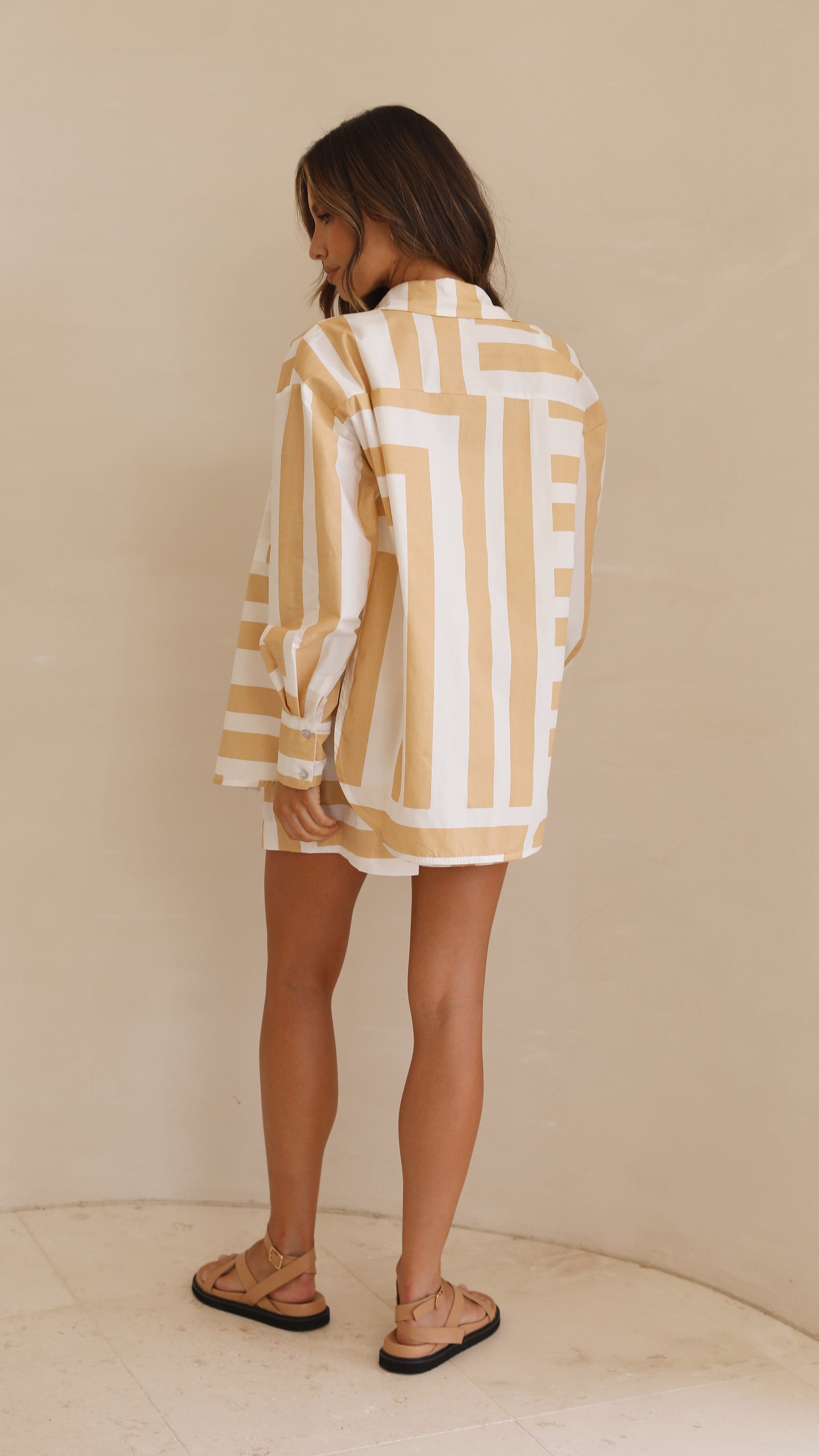 Kikodress - Ezra Shirt and Short Set - Beige/White Stripe