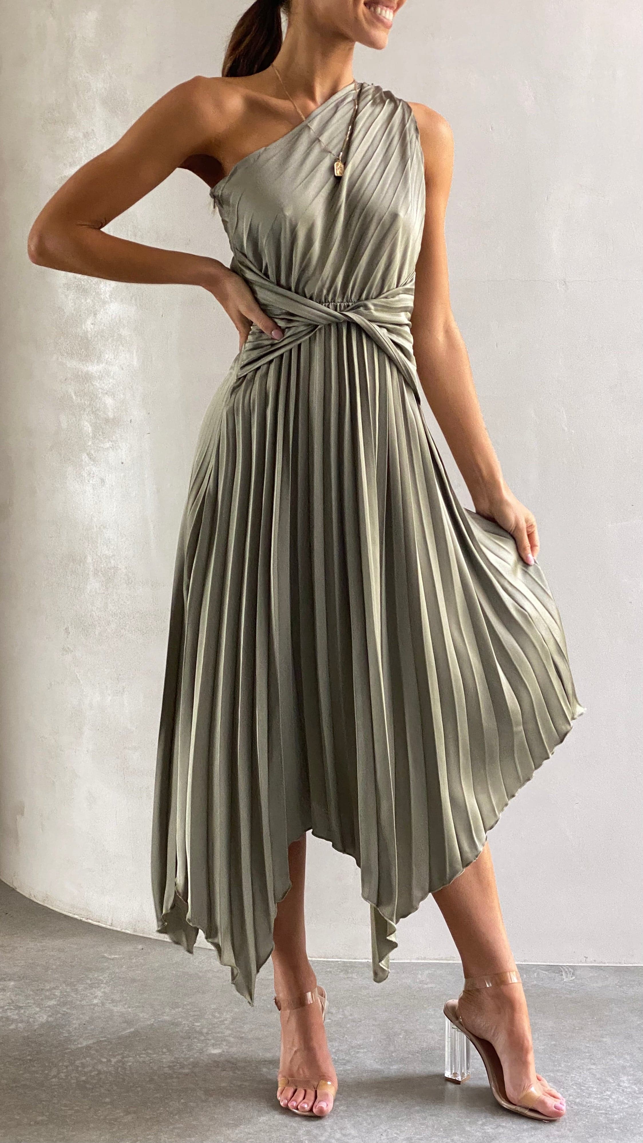 Kikodress - Cali One Shoulder Midi Dress - Olive