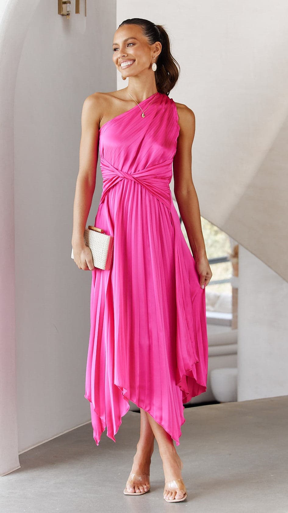 Kikodress - Cali One Shoulder Midi Dress - Pink