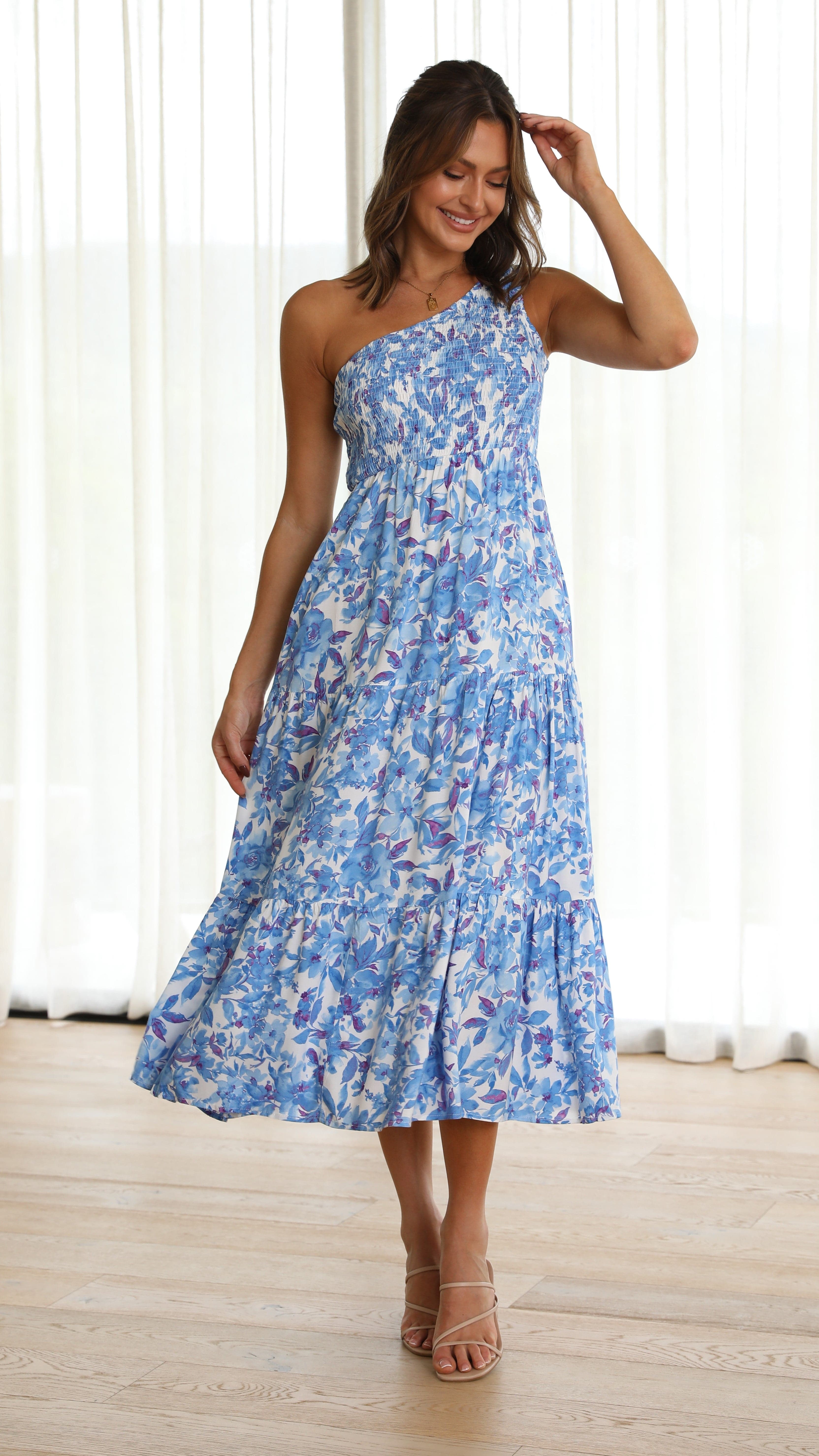 Kikodress - Angi One Shoulder Maxi Dress - Blue Floral