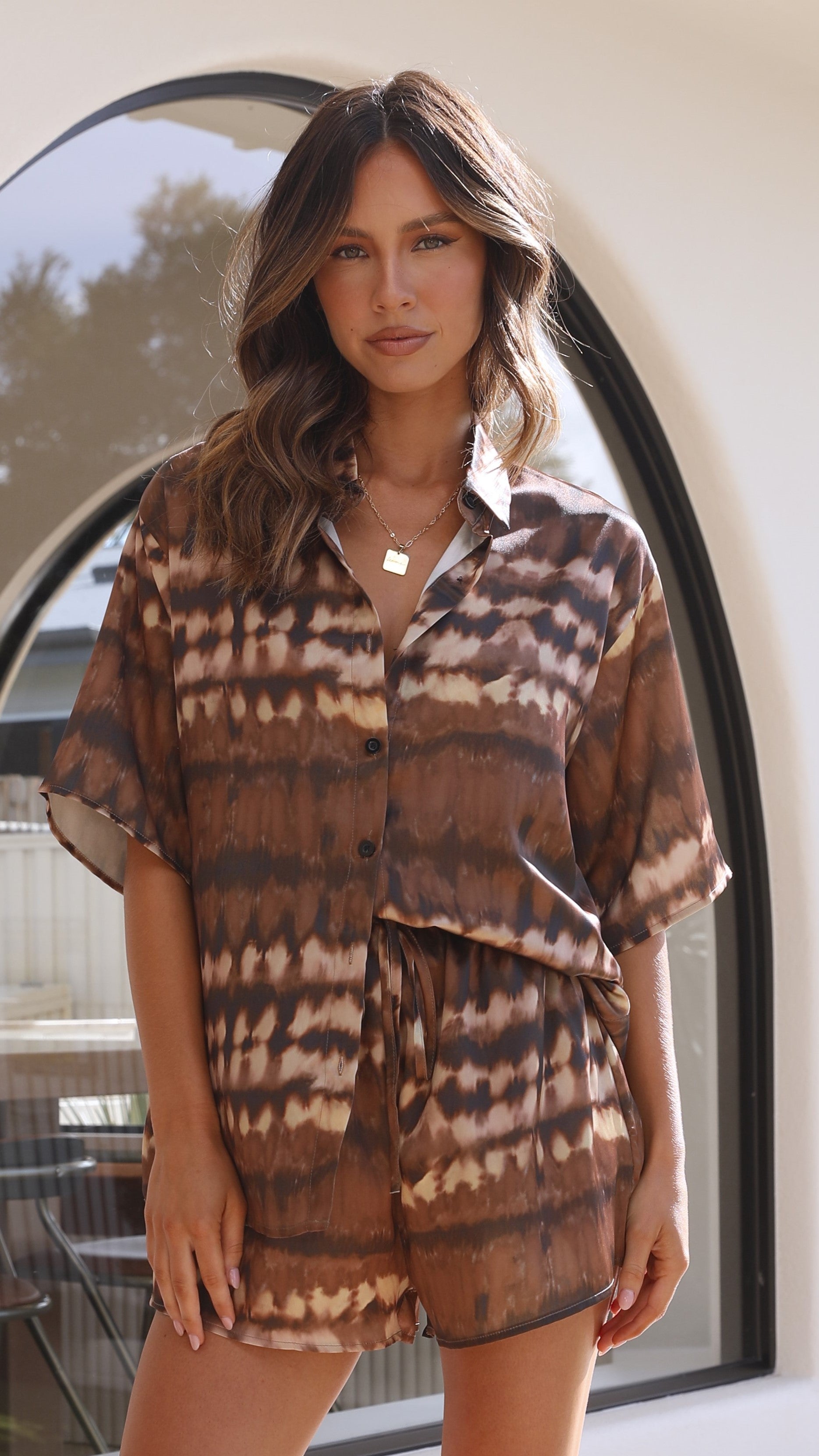Kikodress - Charli Button Up Shirt and Shorts Set - Brown Tie Dye