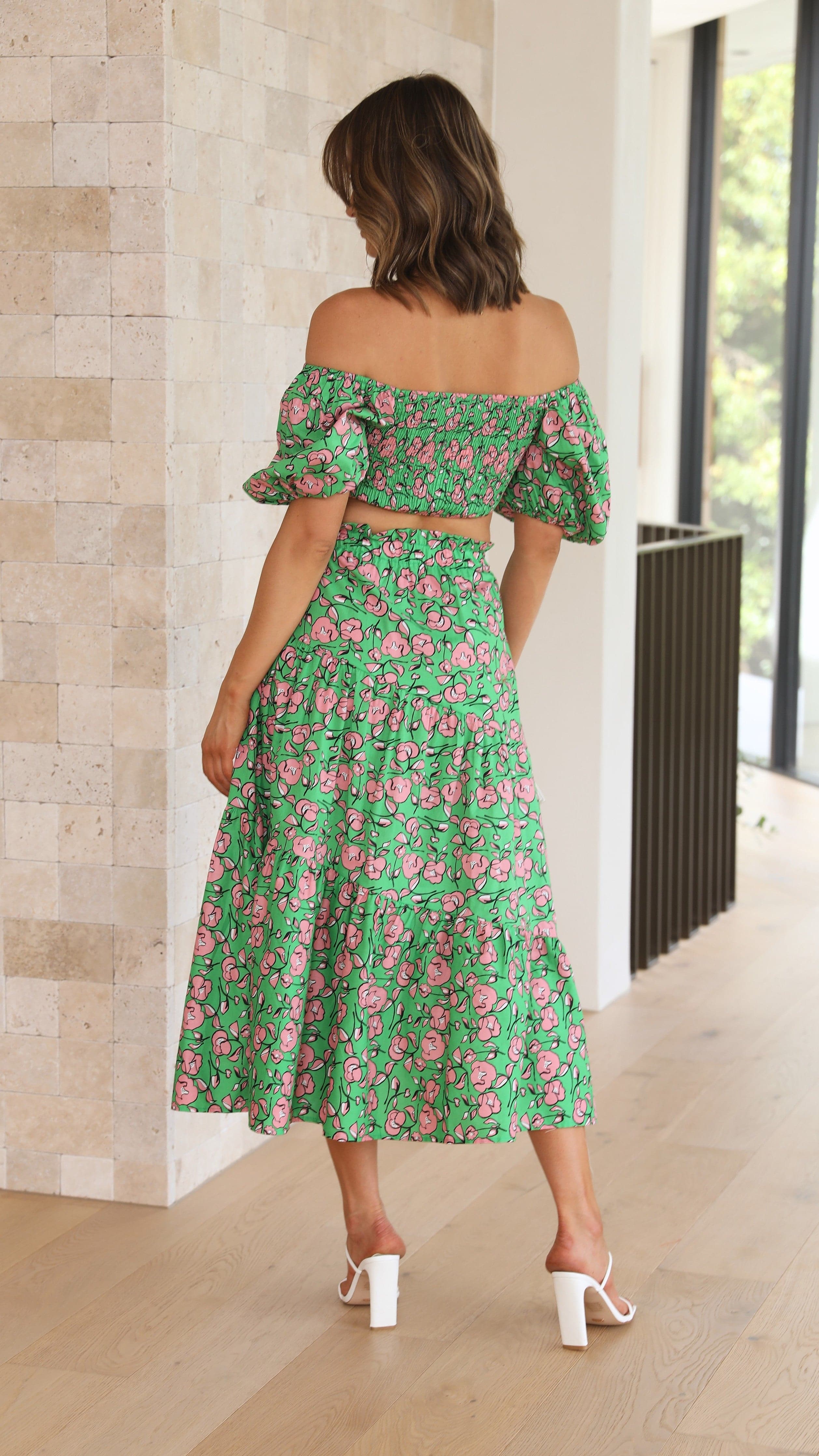 Kikodress - Koda Top and Maxi Skirt Set - Green Floral