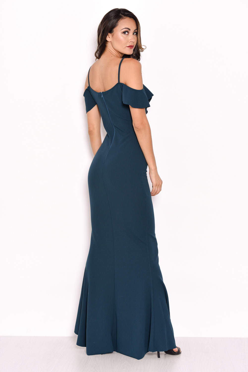 Kikodress - Teal Cold Shoulder Frill Detail Split Dress