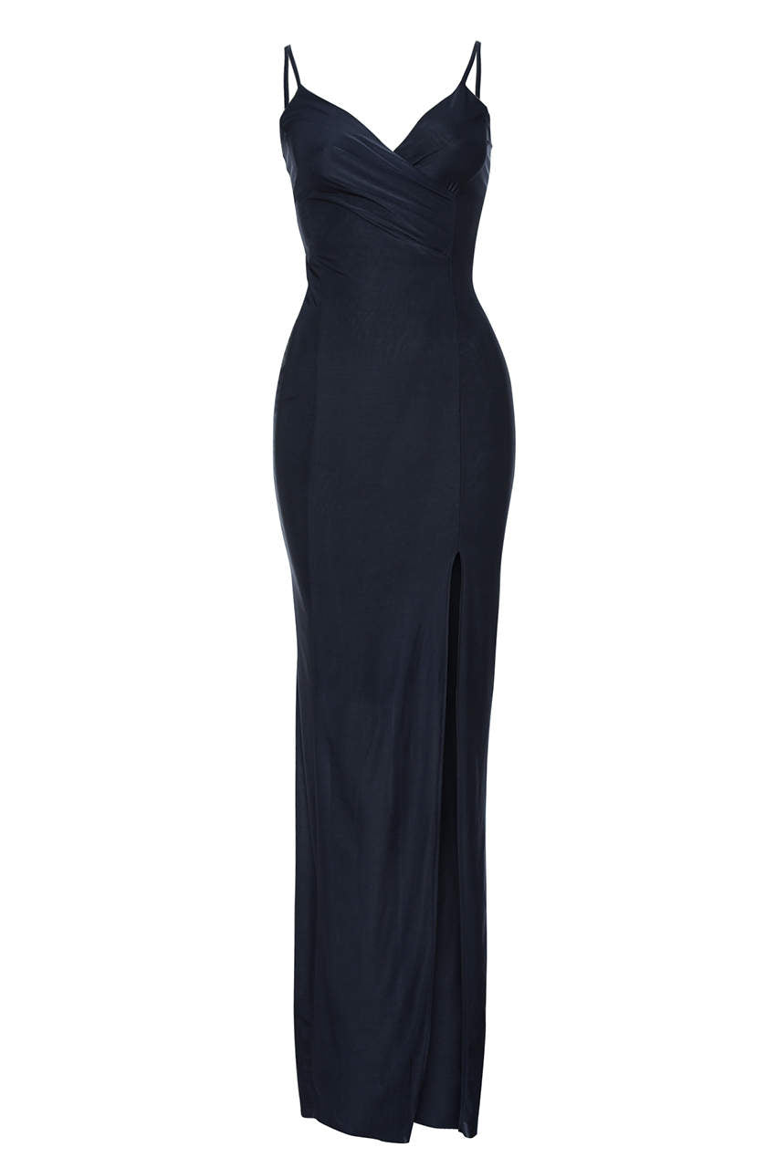 Kikodress - Slinky Navy Maxi Dress with Wrap Front V Neck