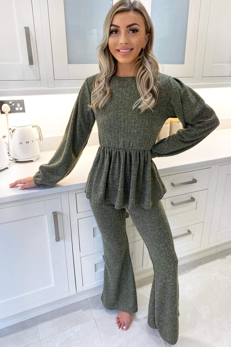 Kikodress - Khaki Peplum Flared Leg Lounge Set