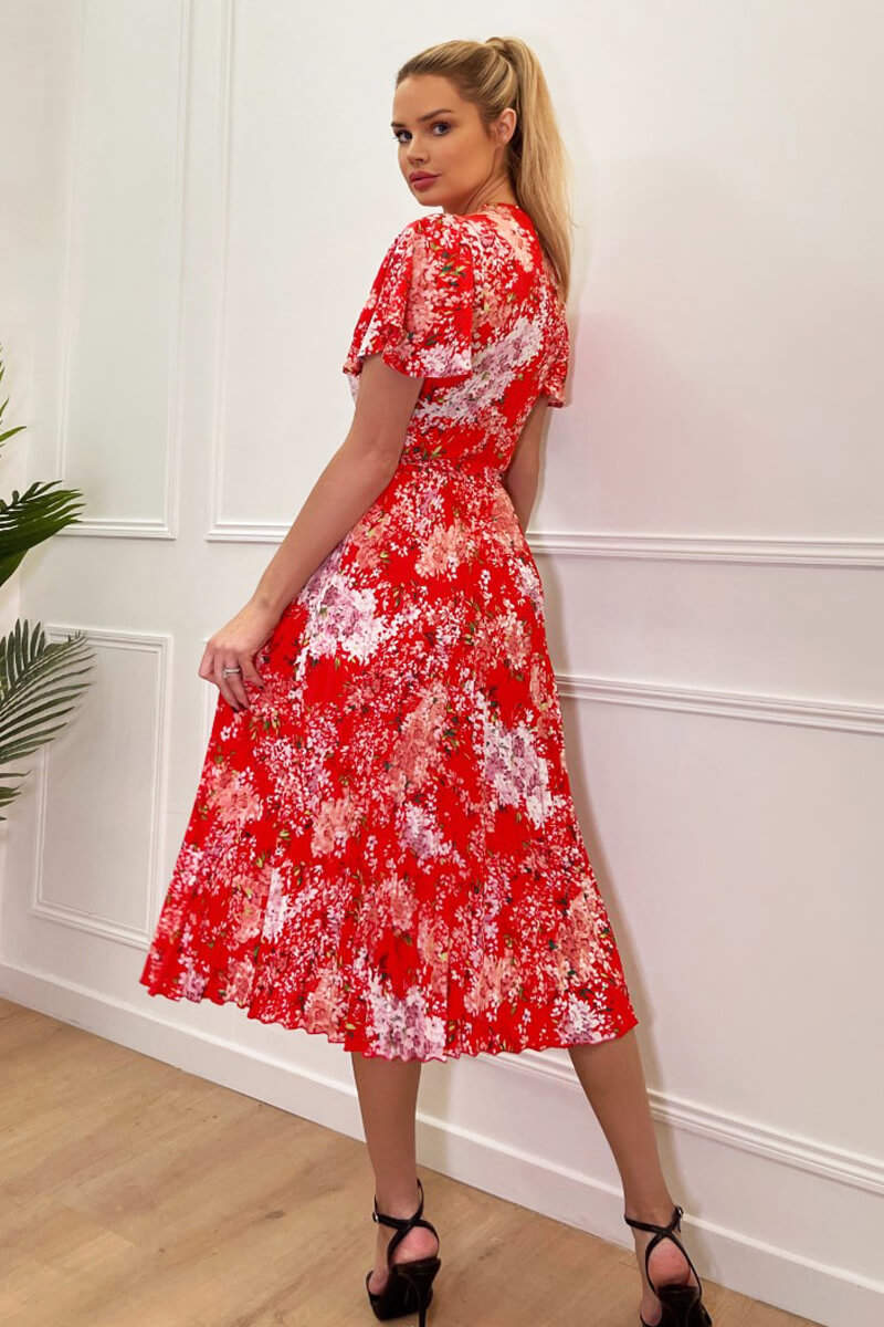 Kikodress - Red Floral Printed Pleated Midi Dress
