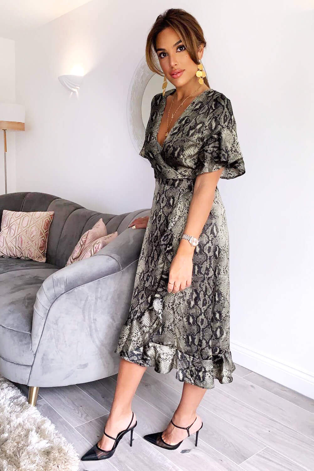 Kikodress - Snake Print Frill Wrap Midi Dress