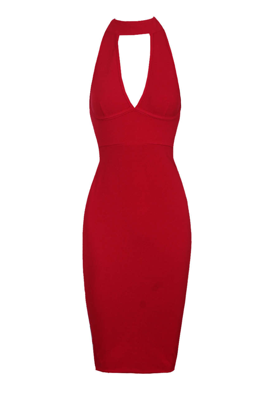 Kikodress - Red Choker Neck Midi Dress