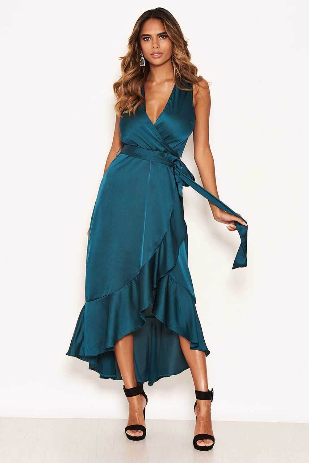 Kikodress - Teal Wrap Frill Hem Maxi Dress With Tie Belt