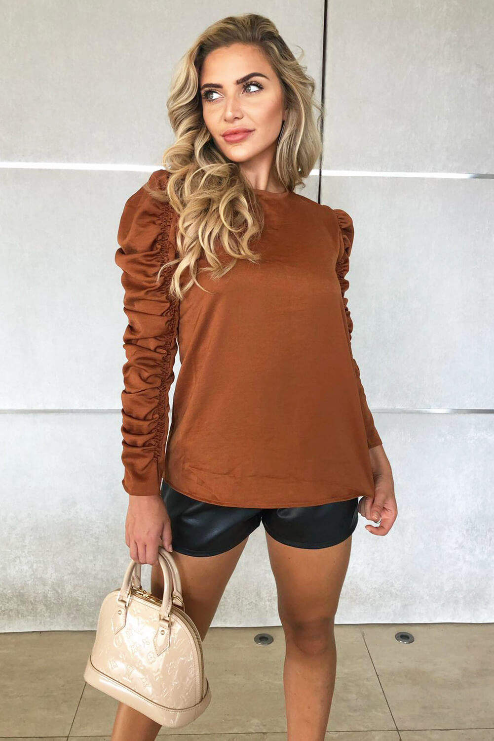 Kikodress - Rust Ruched Long Sleeve Top