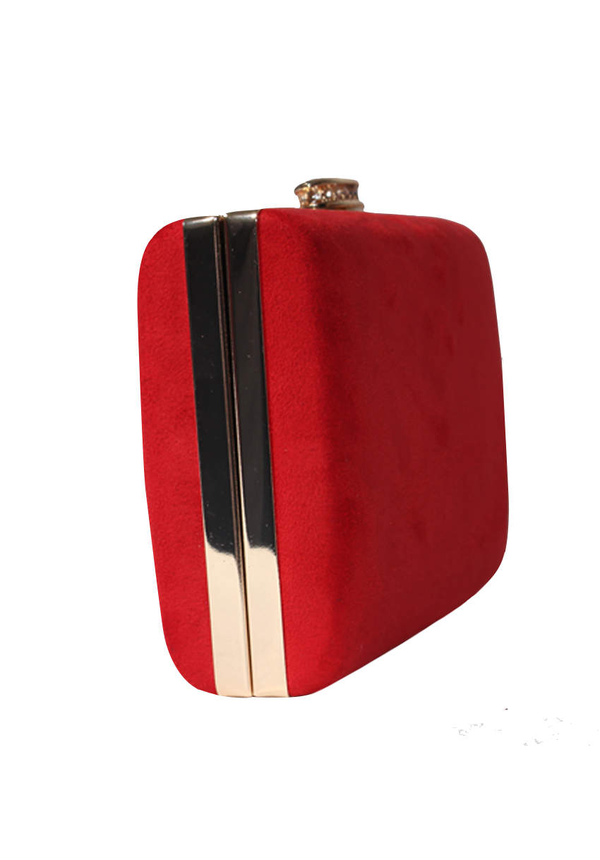 Kikodress - Red Suede Box Clutch With Jewel Clasp