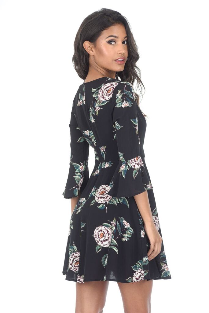 Kikodress - Black Floral V Neck Bell Sleeve Dress