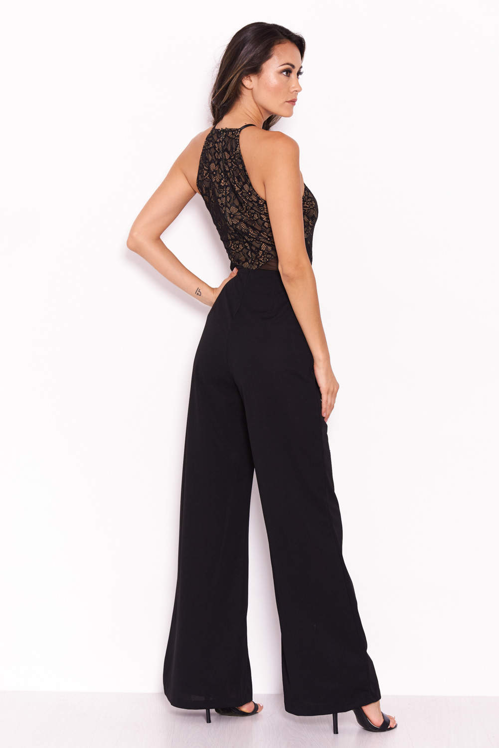 Kikodress - Black Nude Lace Halter Neck Straight Leg Jumpsuit