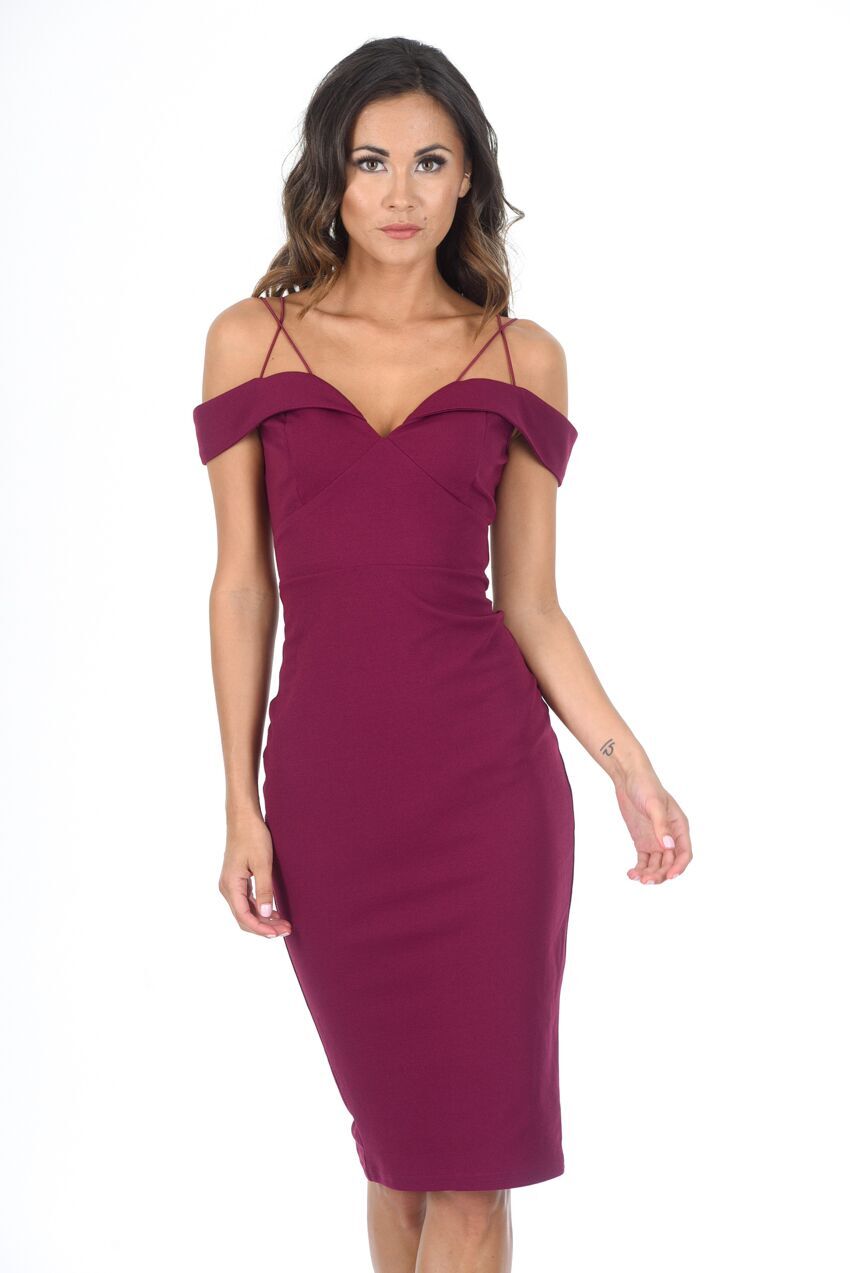 Kikodress - Plum Strappy Off The Shoulder Midi Dress