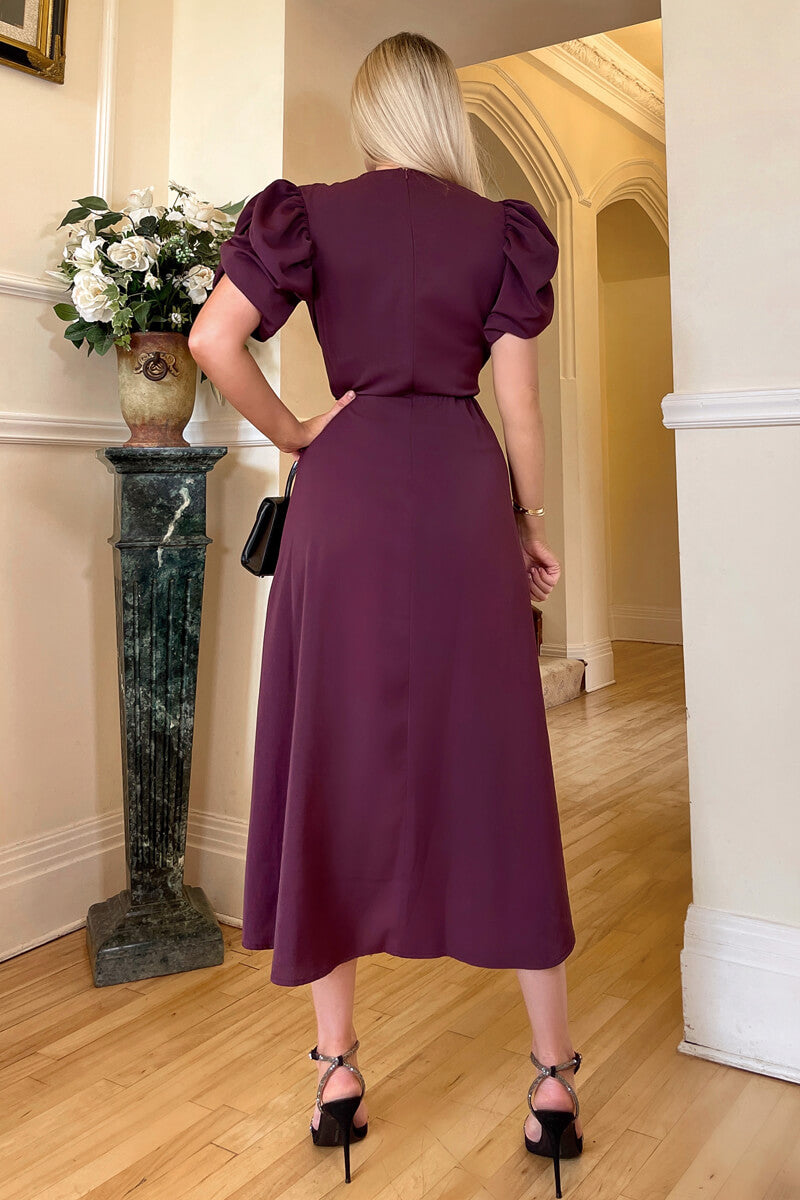 Kikodress - Plum Short Puff Sleeve Gathered Side Midi Dress