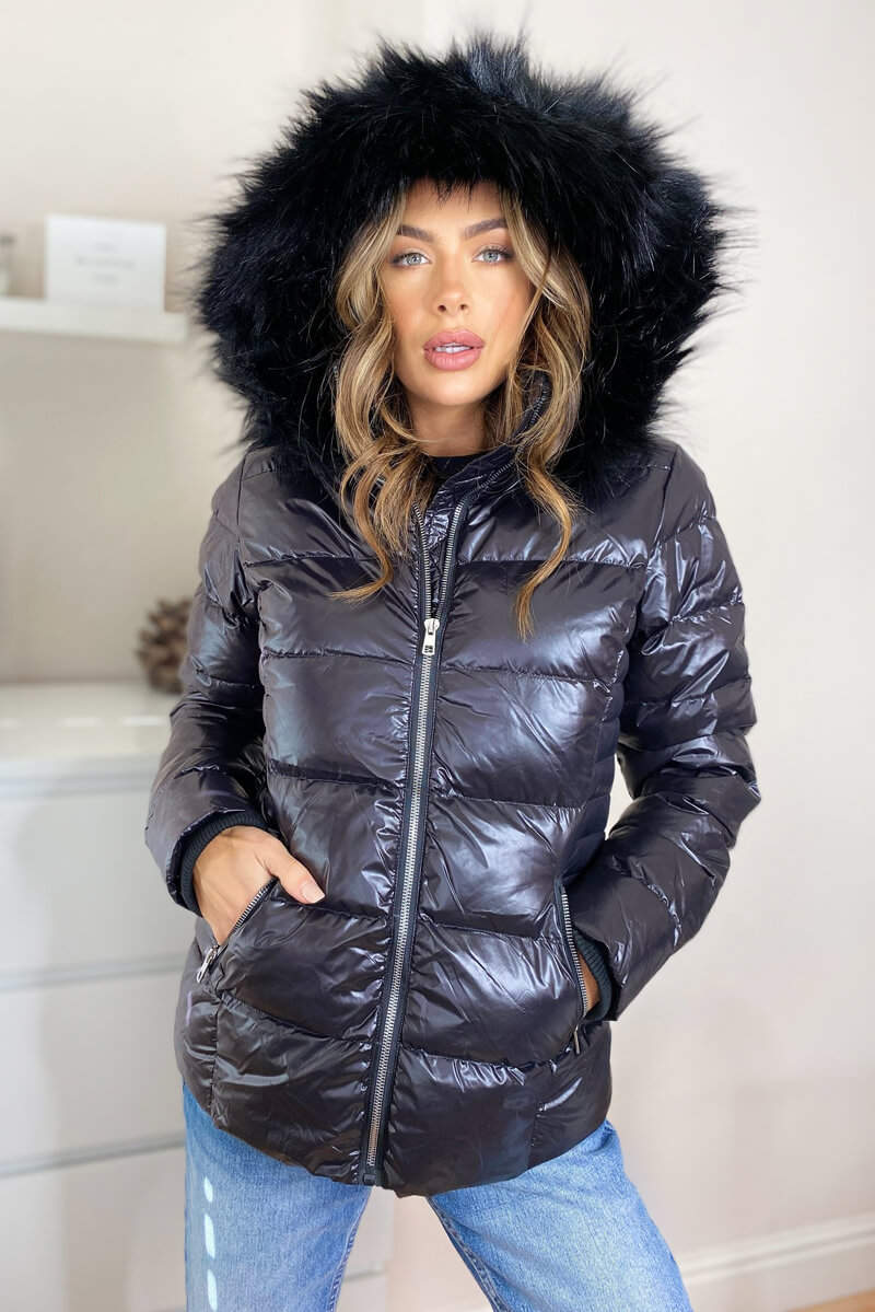 Kikodress - Black Faux Fur Wet Look Coat