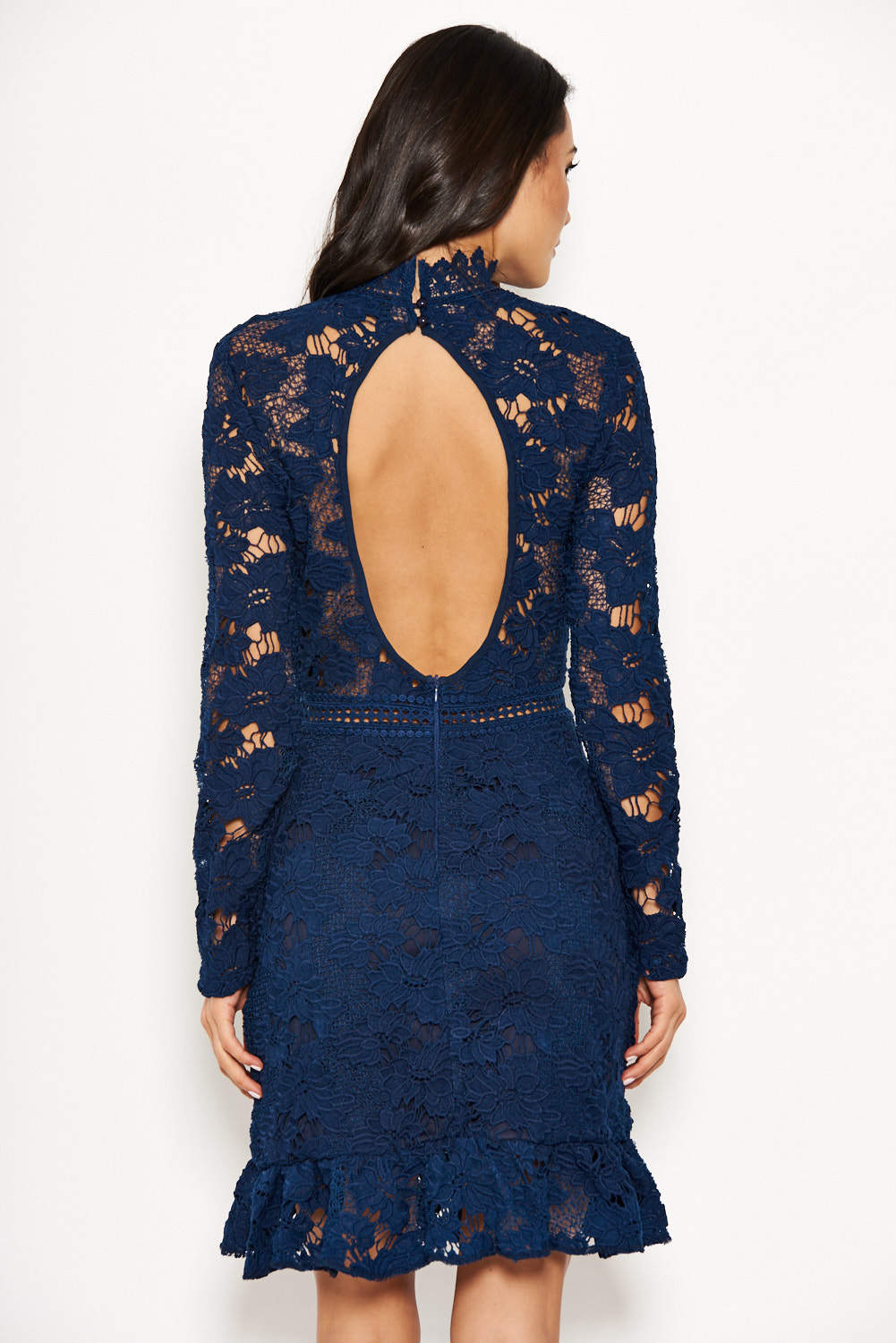Kikodress - Navy Lace Dress With Frill Hem And Cut Out Back