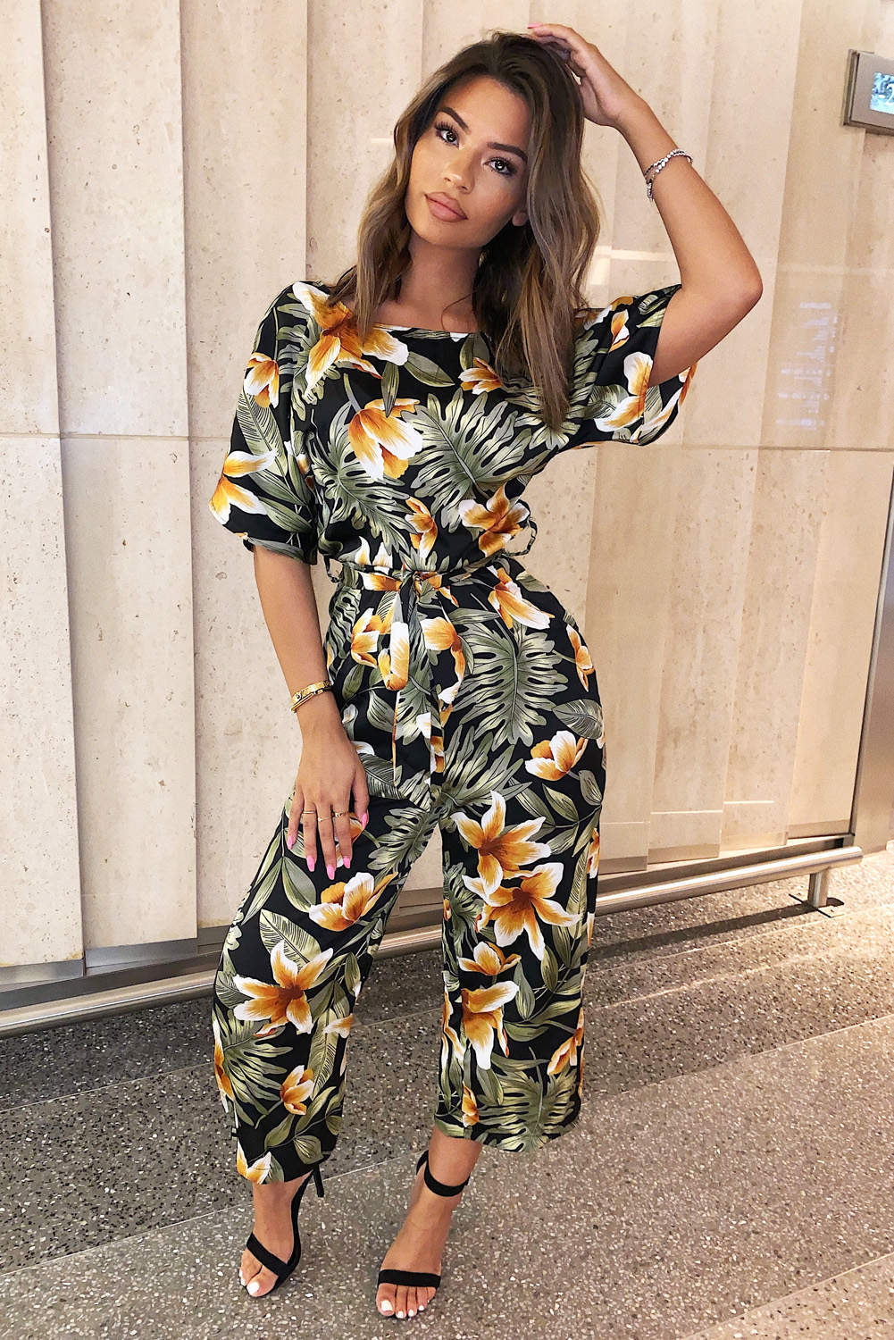 Kikodress - Tropical Print Belted Jumpsuit