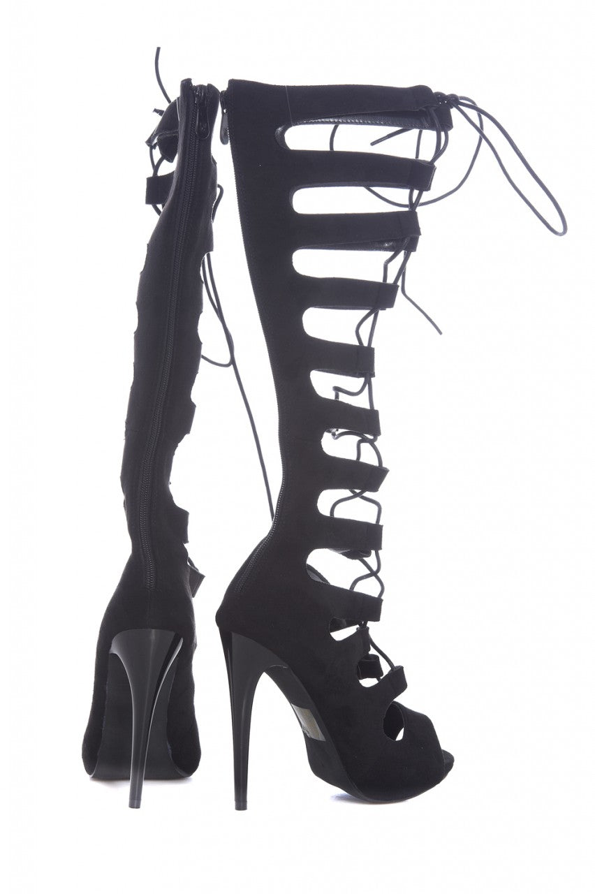 Kikodress - Suede Knee High Lace Up Gladiator Heels